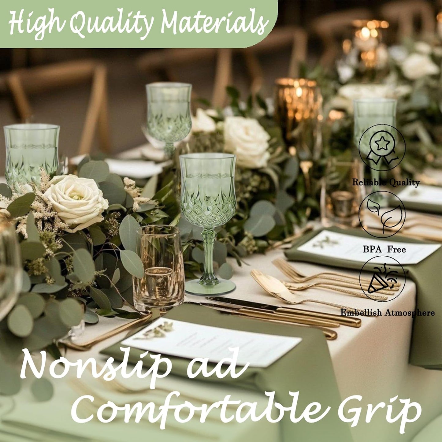 Plastic Wine Glasses，Plastic Goblets Vintage Style Cordial Drinking Glasses for Wedding Reception, Grand Event Party Supplies (48, New Green)