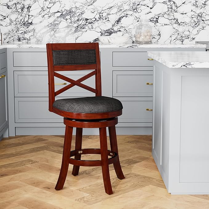 DTY Indoor Living Meeker 24 Inch Counter Height Bar Stools with Backs - Wooden Swivel Counter Stools for Kitchen Island - Charcoal Fabric Seat, Solid Wood Frame, Cherry Finish