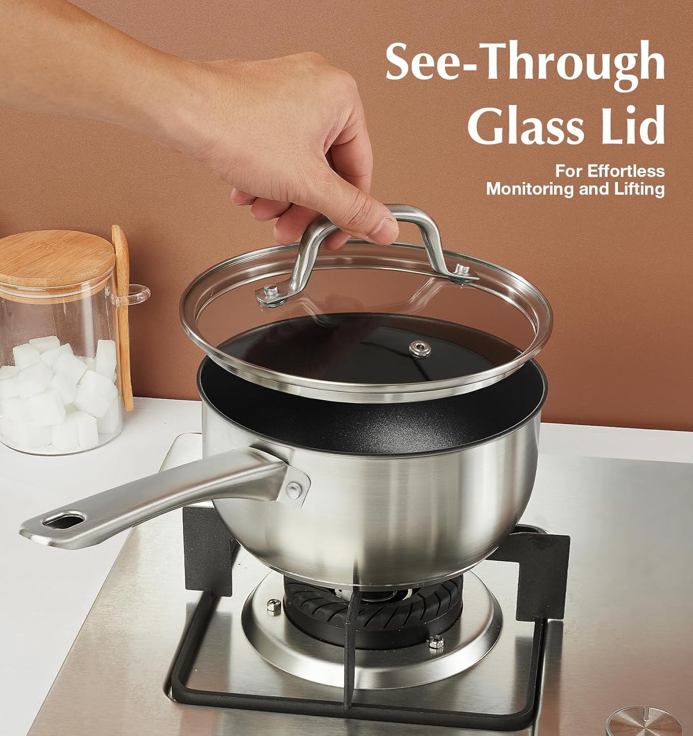 KOCH SYSTEME CS Stainless Steel Saucepan 2 Quart, Stainless Steel Saucepan with Ultra Nonstick Coating, 2 Quart Sauce Pan with Lid, Nonstick Pot 2QT, Easy to Clean, Oven Safe, Induction Compatible