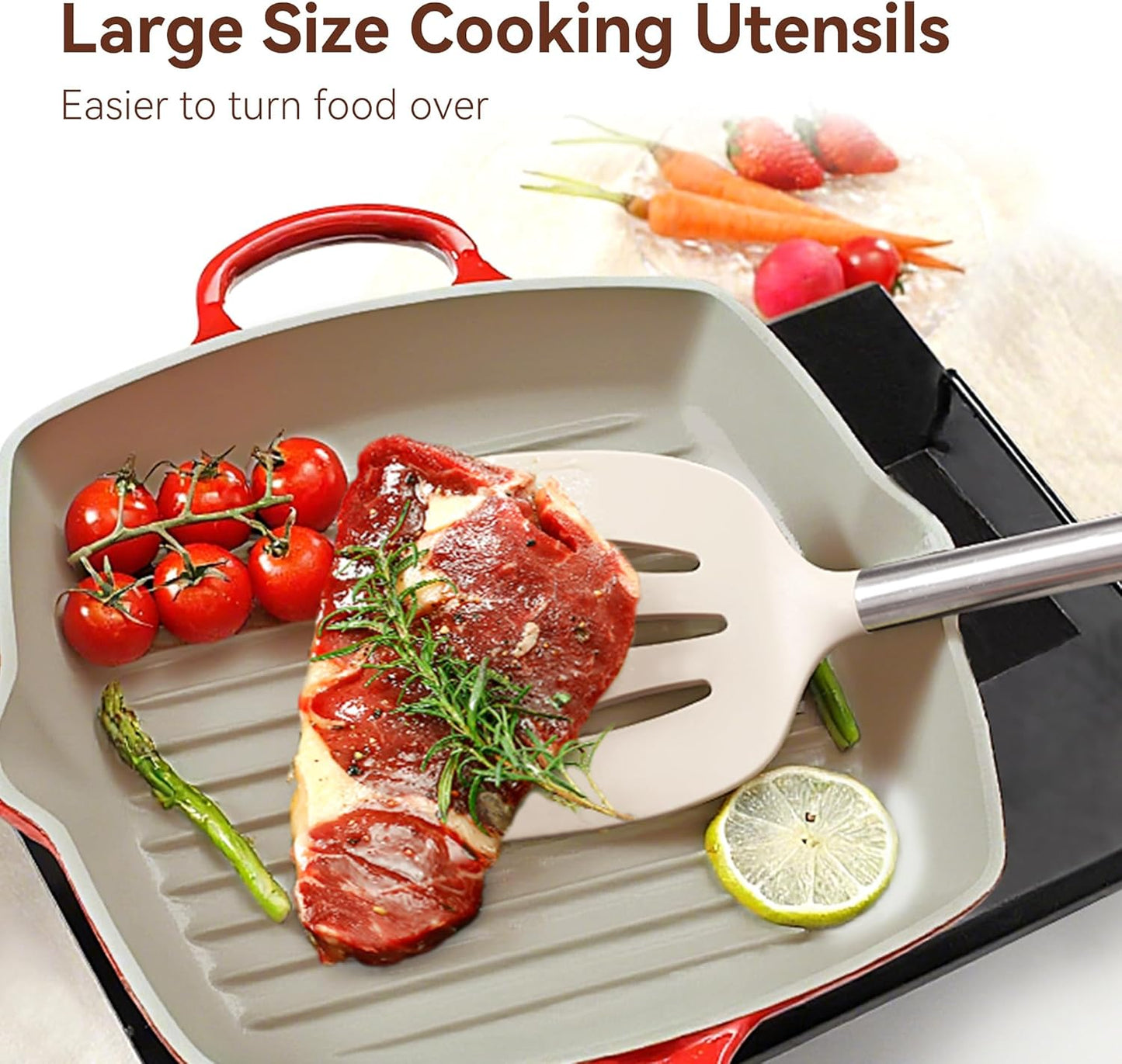 Silicone Cooking Utensils Set, NCUE 35 Pcs Kitchen Utensils Set with Holder, with Stainless Steel Handle Spatula Set, Spoons, Pasta Server, Cheese Grater, Masher, Scissors, Dishwasher Safe (Khaki)