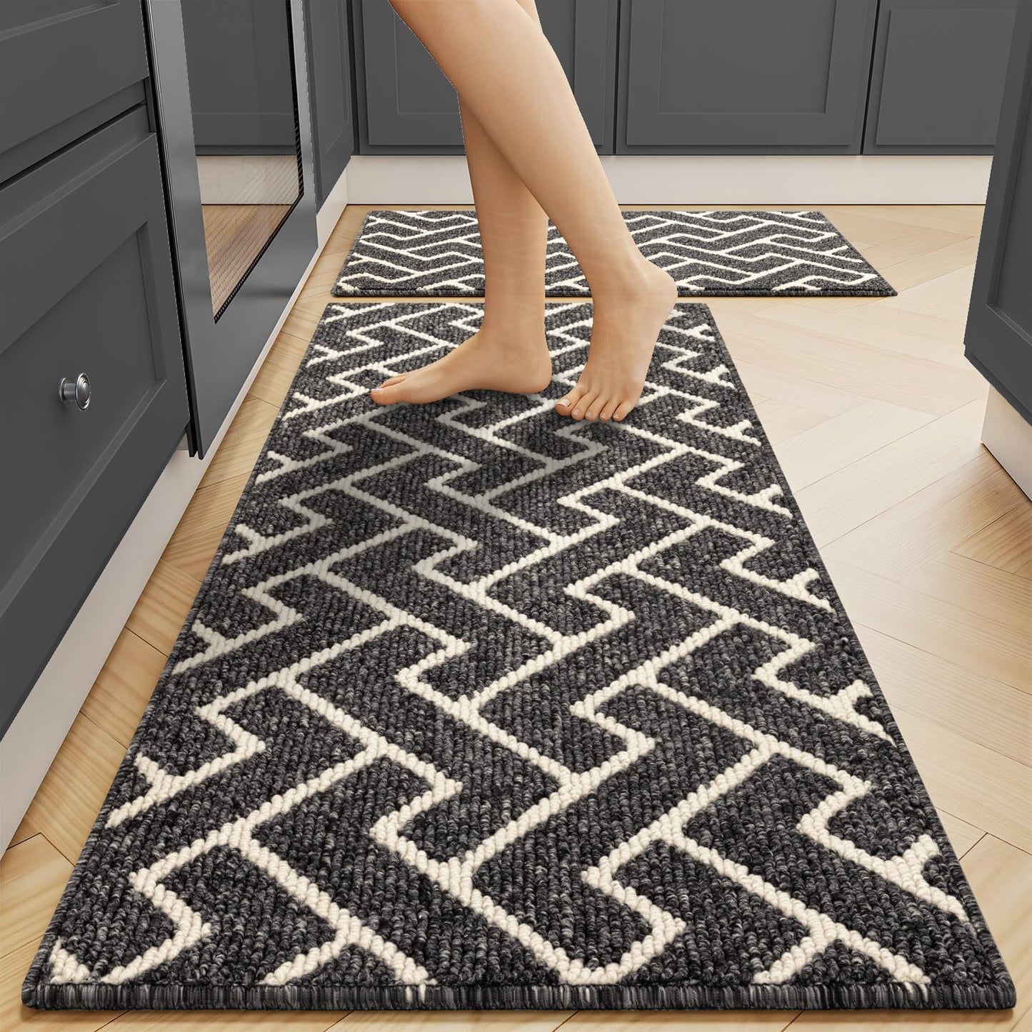 hicorfe Kitchen Rugs and Mats Sets,Non-Slip 2 Pieces Absorbent 100% Polypropylene Rug,Comfort Kitchen Runner Mat,Washable for Kitchen,Sink,Laundry(20" x 31.5" Plus 20" x 59",Black)