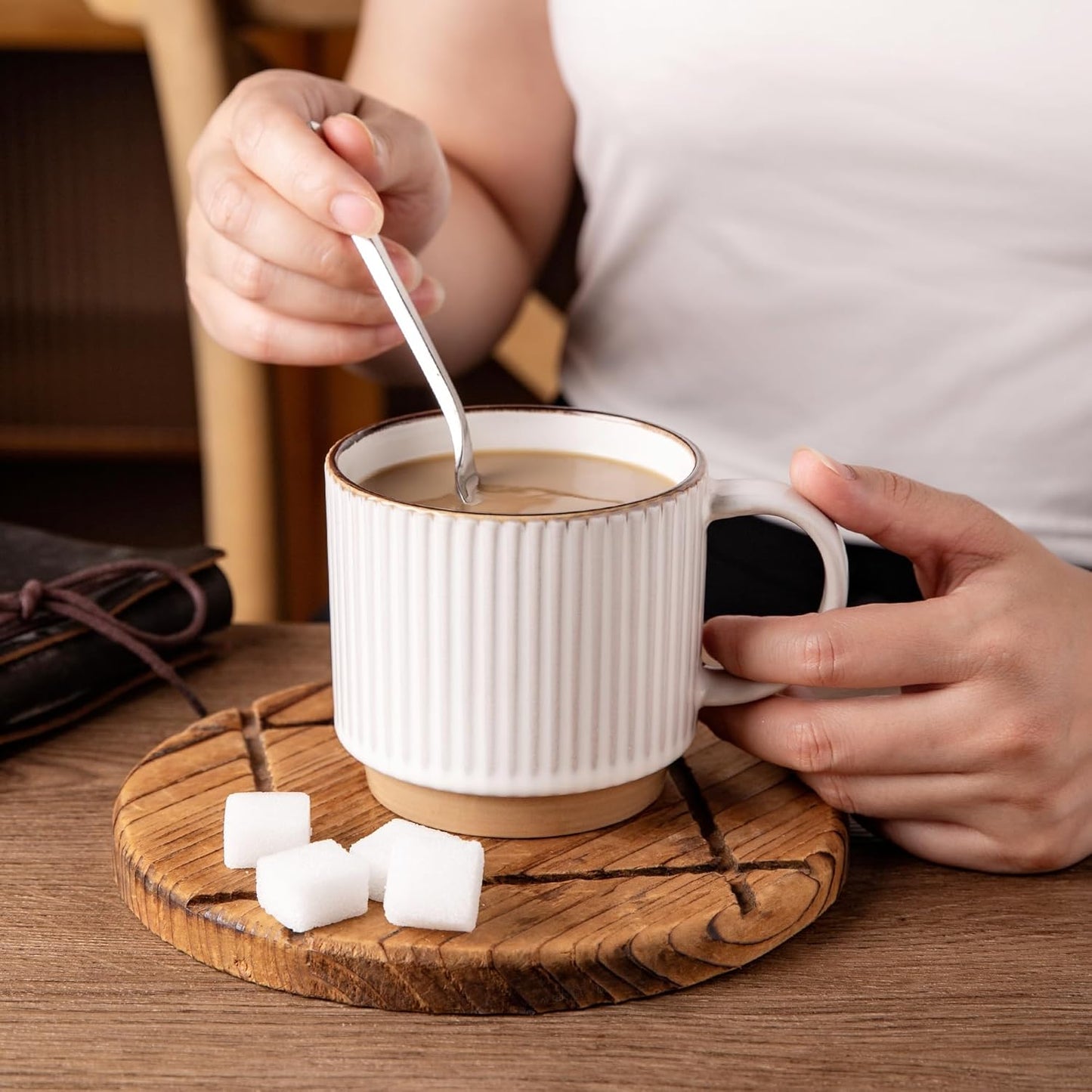 GBHOME 15OZ Stackable Coffee Mugs, Ceramic Coffee Mugs with Texture Patterns for Man,Woman,Dad,Mom, Modern Coffee Mugs Set of 4 for Latte/Cappuccino/Cocoa. Dishwasher&Microwave Safe, Off White