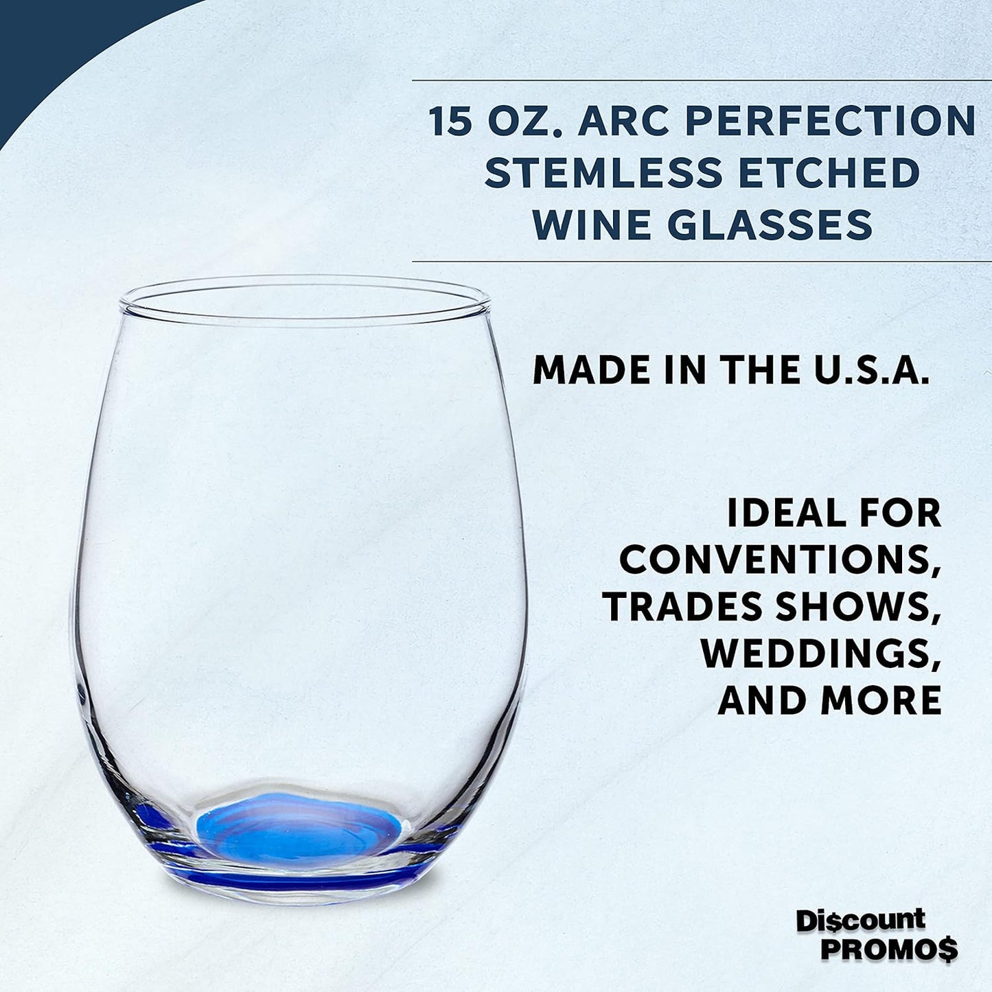 DISCOUNT PROMOS Stemless Wine Glasses in Bulk by ARC Perfection, 15 oz -10 pack, Red or White Wine Glass Drinking Set, Blue