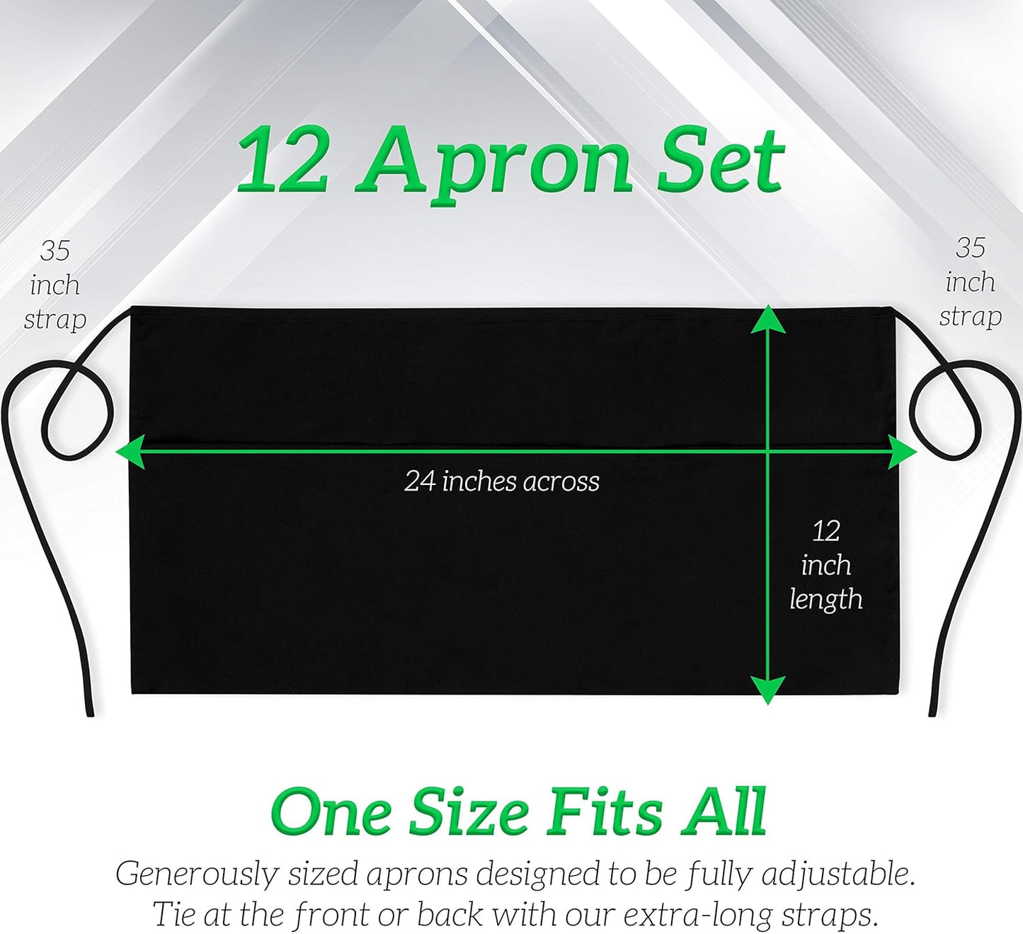 GREEN LIFESTYLE Server Aprons with 3 Pockets - Waist Apron, Waitress Apron for Women and Man, Water Resistant with Long Waist Strap Reinforced Seams, Half Apron (12 Pack - Black)