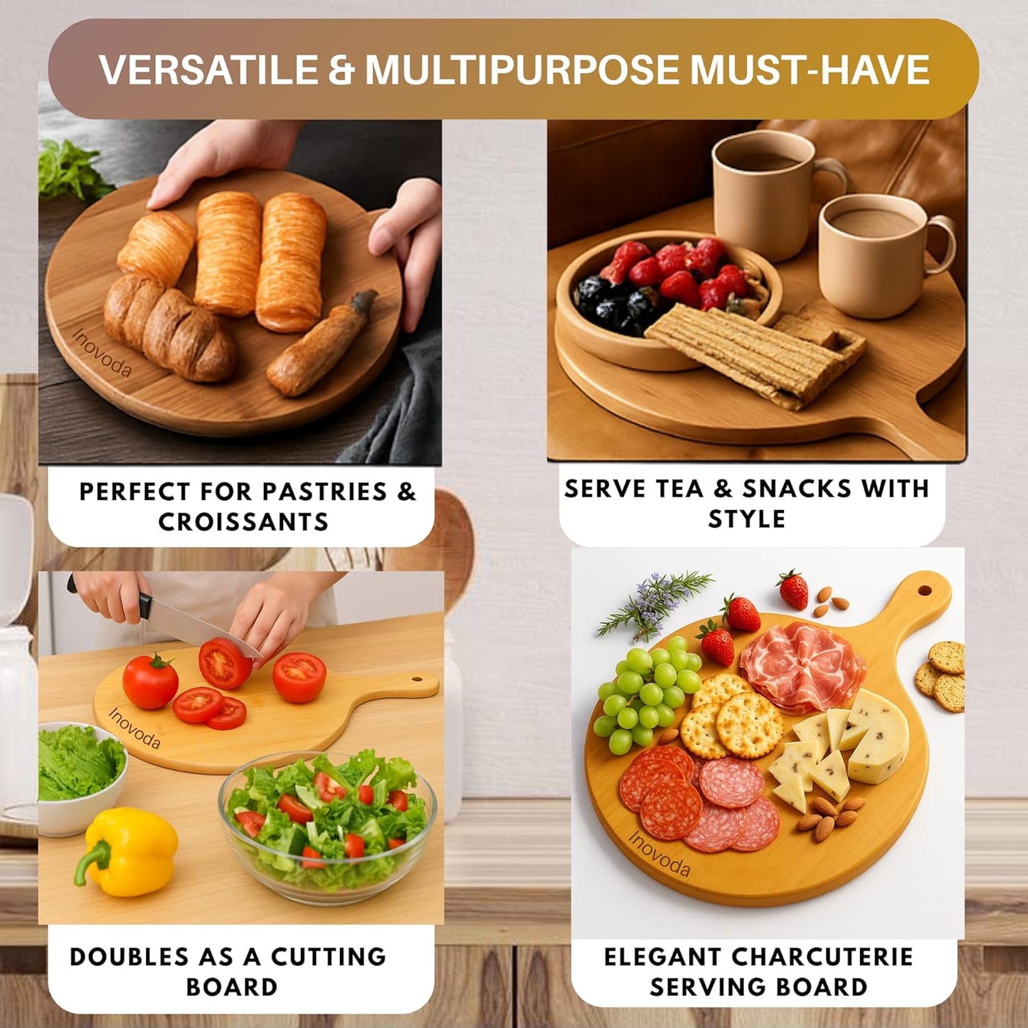 Wood Pizza Cutting Board with Cheese Knife & Pizza Cutter -12” Pizza Board with Handle -Pizza Peel Chopping Board, Decorative Serving Board for Pizza & Charcuterie