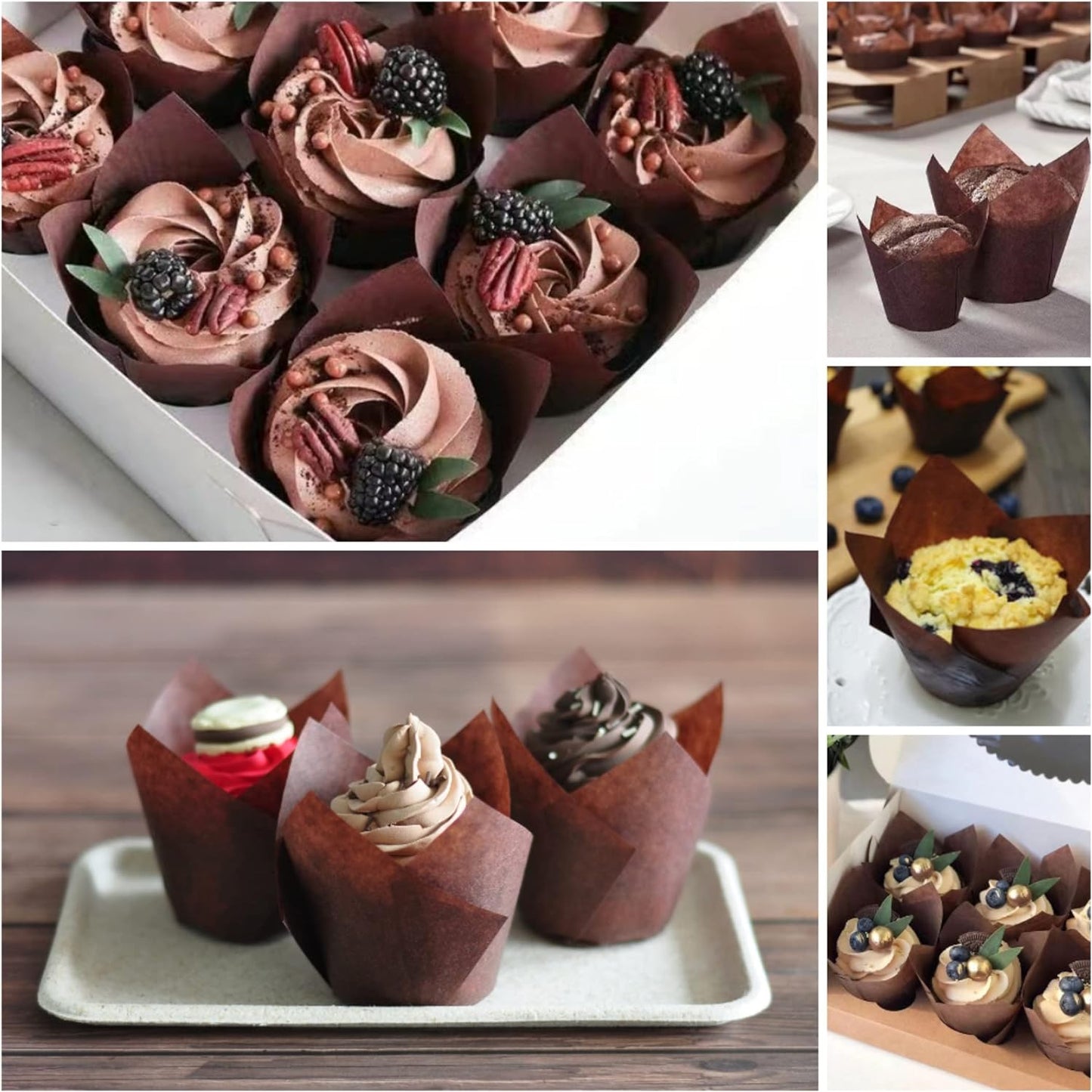 Large size Brown Tulip Baking Cups 2-1/4"(Base diameter) x 4"(Wall height) Greaseproof paper baking cupcake Muffin liners, Case of 130 pcs