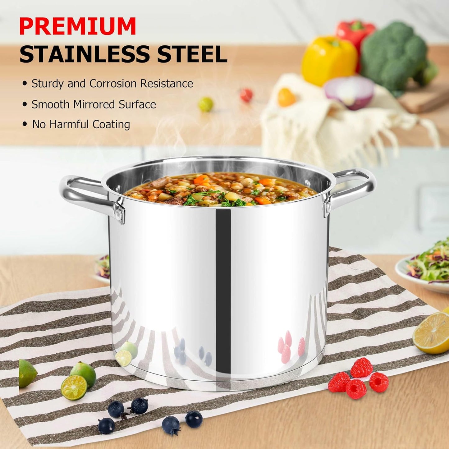 LIANYU 12 QT Stock Pot with Lid, 12 Quart Stainless Steel Large Tall Soup Pot for Cooking, Big Deep Stockpot with Visible Lid, Tri-ply Heavy Duty Stockpot for Induction, Stoves, Gas