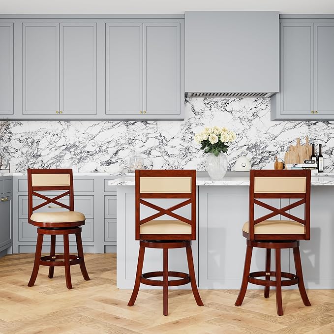 DTY Indoor Living Meeker 24 Inch Counter Height Bar Stools with Backs - Wooden Swivel Counter Stools for Kitchen Island - Bone Leather Seat, Solid Wood Frame, Cherry Finish