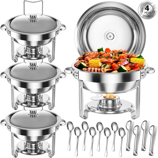 Round Chafing Dishes for Buffet 5 Qt,High Grade Chafing Dish Buffet Set with Stainless Steel Lid & Lid Holder,Full Size Pan,Food Warmers for Parties,Buffet,Wedding, Birthday 4 Pack (Silver)