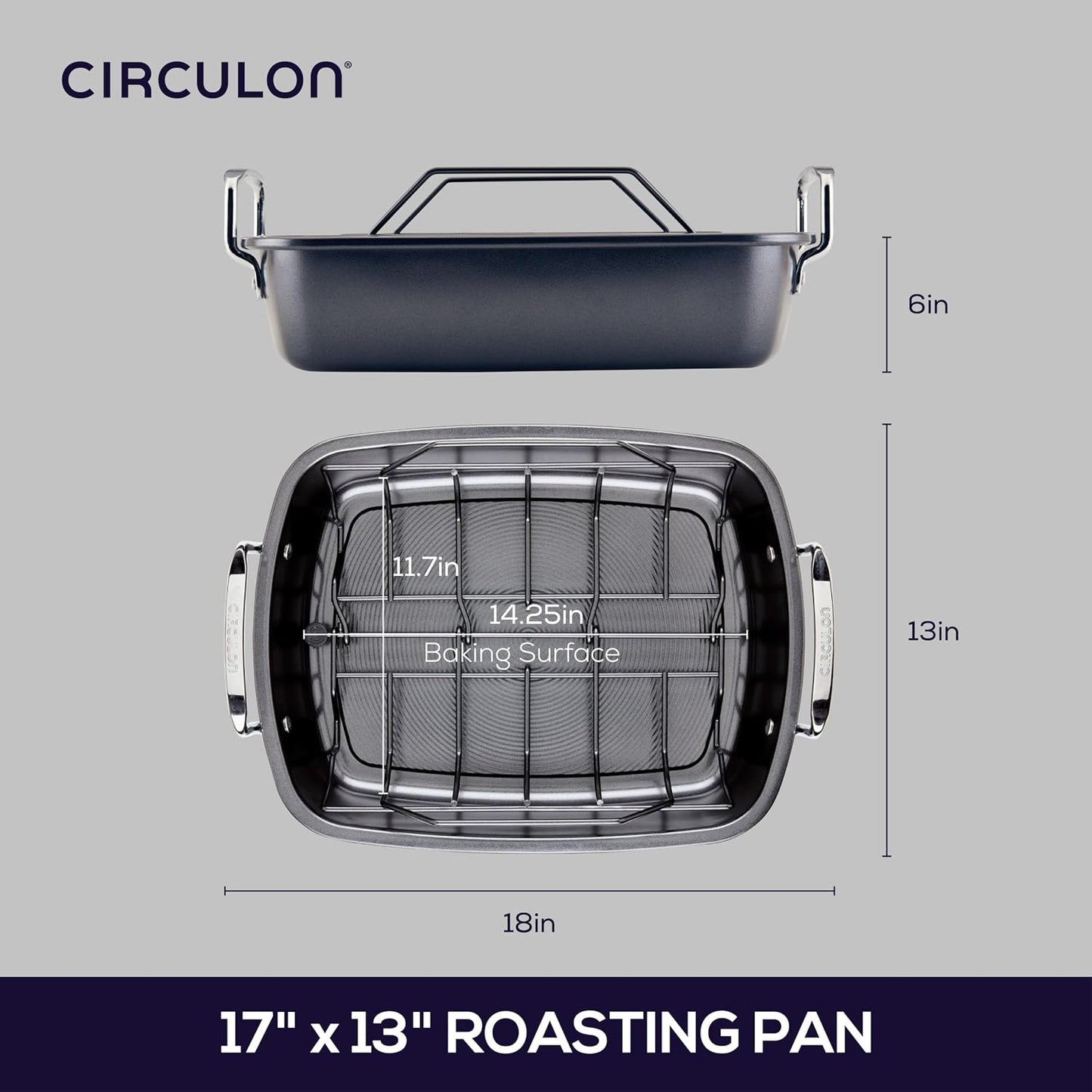 Circulon Ultra Lasting Nonstick Roaster/Roasting Pan with Easy Serve Rack, 17 Inch x 13 Inch, Black