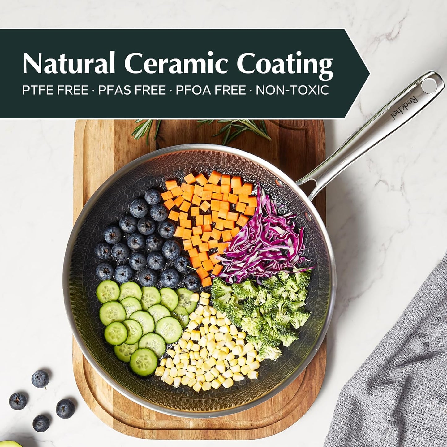 Redchef Non Stick Frying Pans, Hybrid Ceramic Frying Pan, Nonstick Skillet with Stay-Cool Handle, Non Toxic, PFAS PFOA & PTFE Free, Dishwasher & Oven Safe, Compatible All Cooktops (Black, 12 inch)