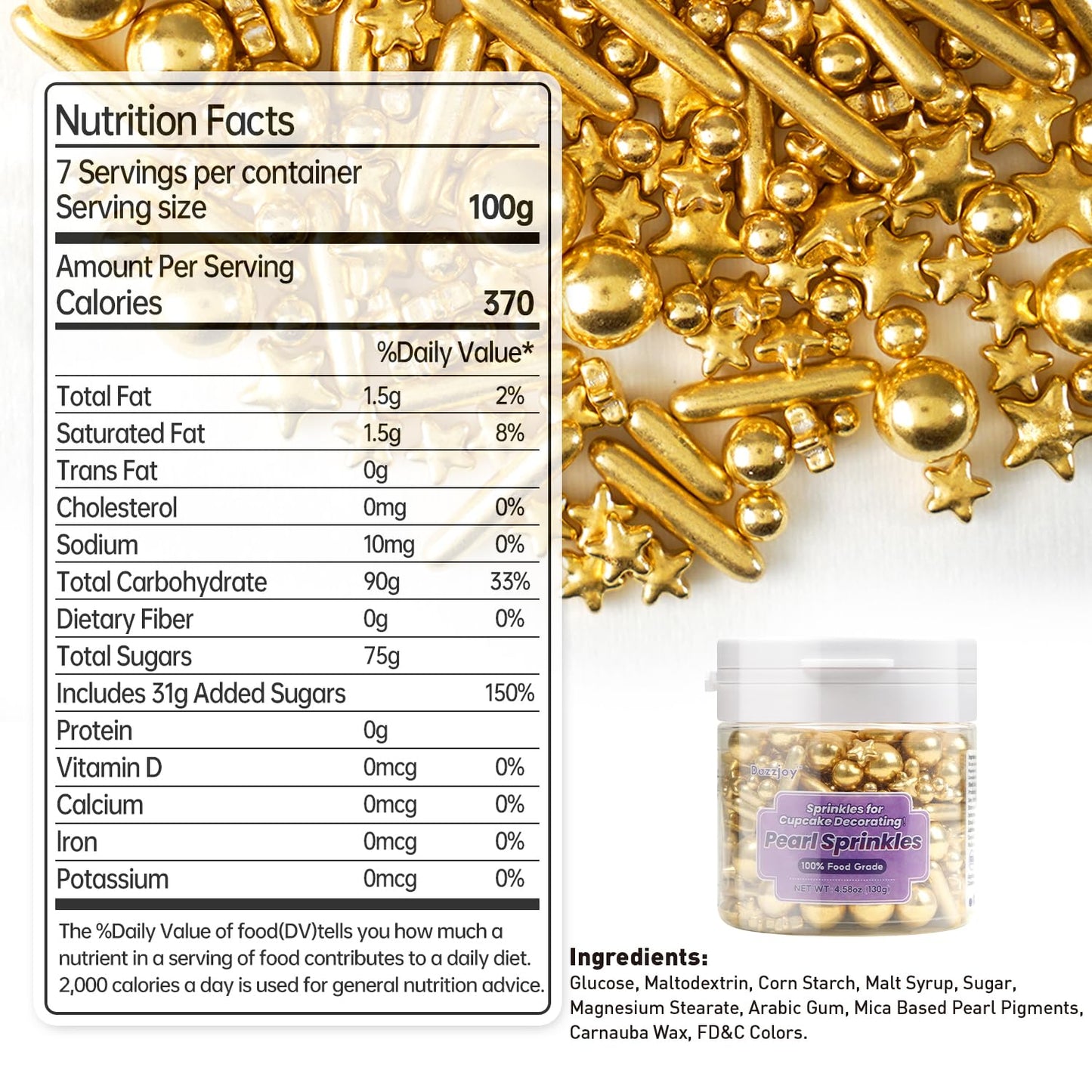 Dazzjoy Edible Gold Pearl Sprinkles, Sugar Candy Pearls, Food Grade, 130g/4.58oz, Gold Star Pearls Sprinkles for Cake Decorating, Cupcake, Cookies Topper Decoration