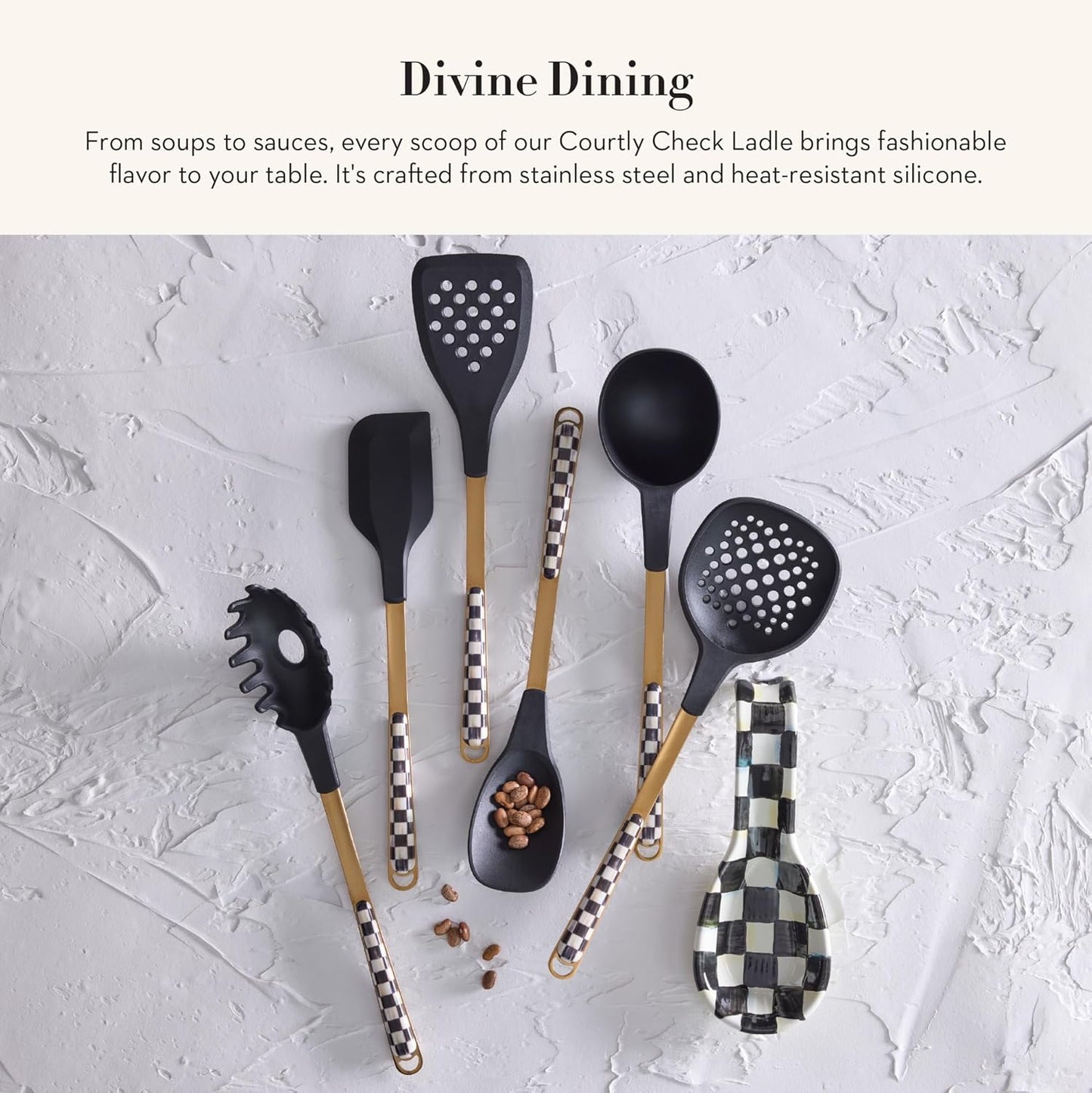 MACKENZIE-CHILDS Kitchen Ladle, Silicone Ladle Spoon for Cooking, Black-and-White Courtly Check