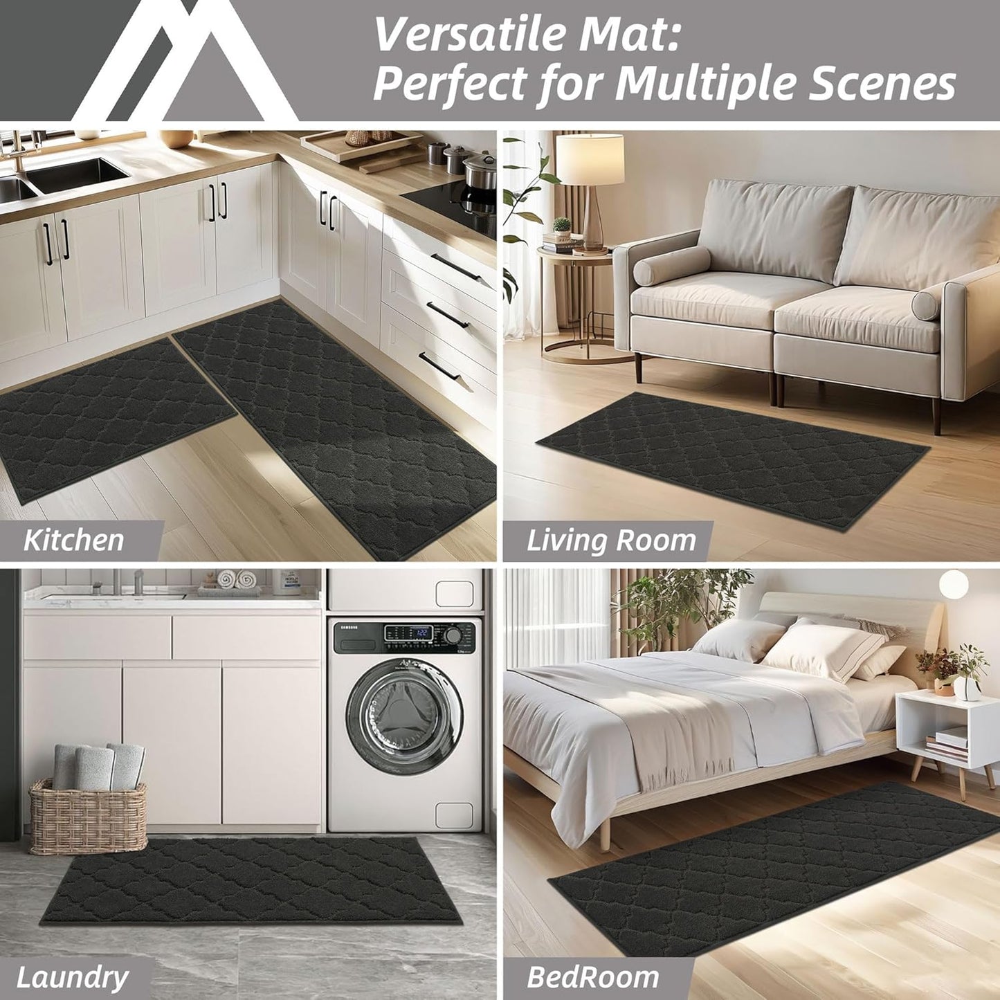 COSY HOMEER-Kitchen-Rugs 20"x48" Non-Slip Absorbent Soft Kitchen Runner Rug Polyester Kitchen Mats for Floor Washable Kitchens Standing Floor Mat for Sink Mat,Hallway,Laundry,Black