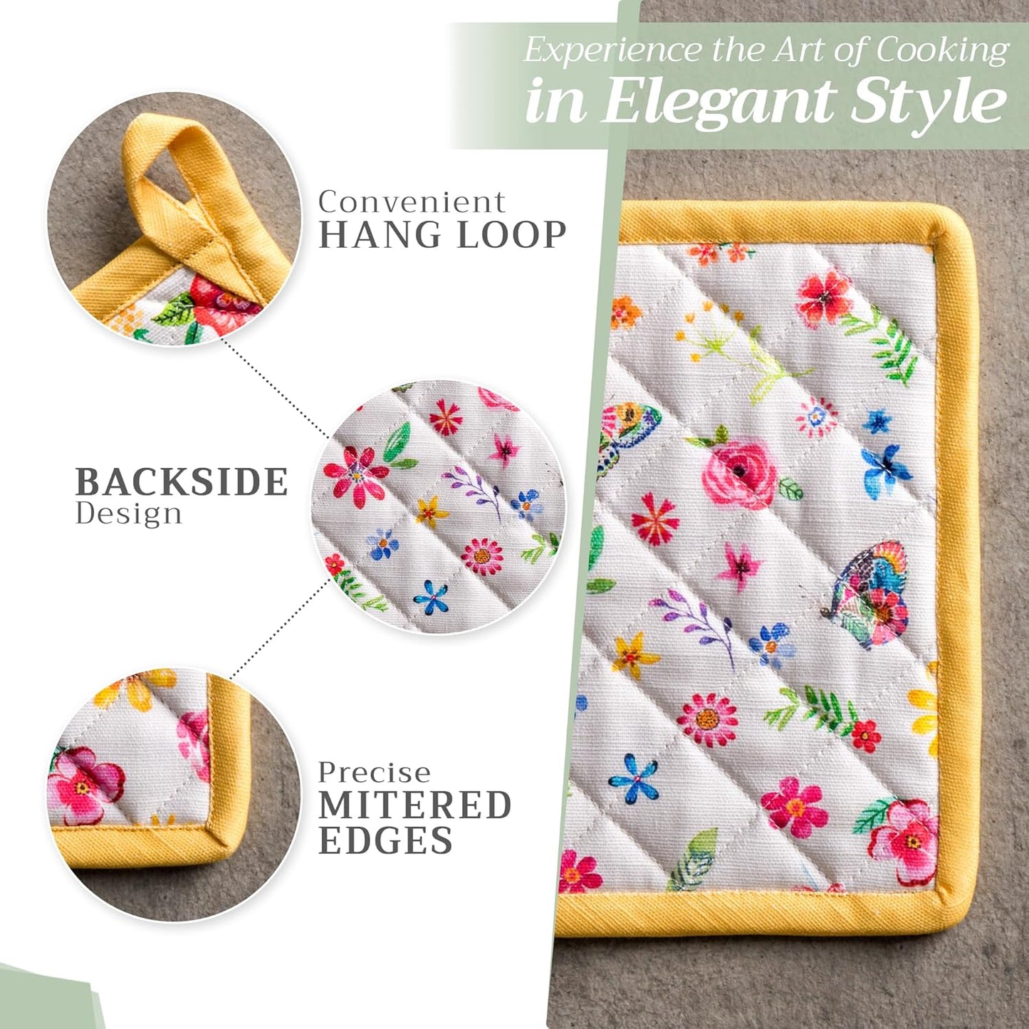 Maison d' Hermine Pot Holders 100% Cotton Heat Resistant Potholders 8" x 8" Hot Pads with Loop BBQ, Cooking, Grilling, Kitchen, Handling Hot Pans Spring/Summer (Pack of 1, Happy Florals - Sweety)