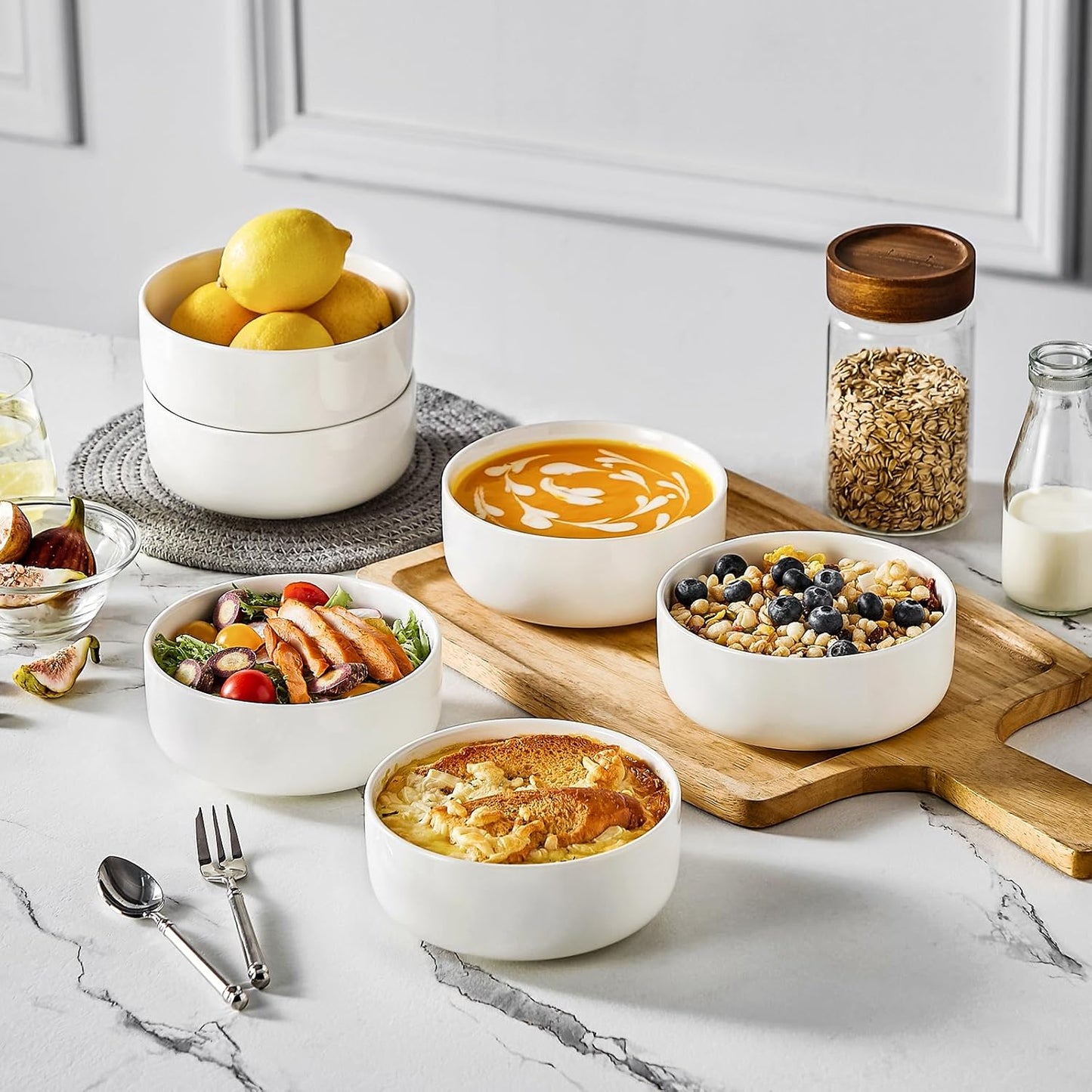 MALACASA 24 OZ Cereal Bowls, Porcelain Soup Oatmeal Bowls Set of 6, Kitchen Ceramic Serving Bowl, Dishwasher Microwave Oven Safe, White, Series LUNA