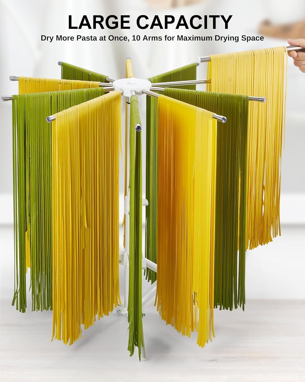 Pasta Drying Rack Collapsible, 360° Rotating, Adjustable Height(14.5"-23.6"), 304 Stainless Steels Arm, Large Noodle Dryer Foldable with Ravioli Wheel for Homemade Fresh Pasta Spaghetti