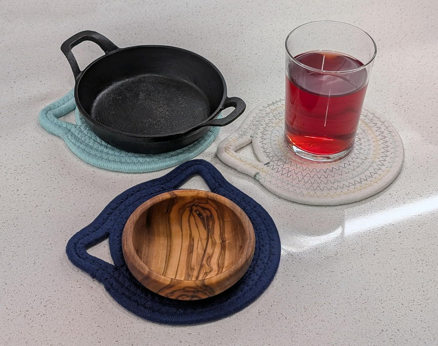 7” Cat Trivet 3 Piece Set - Sturdy Thick Cotton Hot Pad Placemat - for Kitchen and Dining - Cute Kawaii Kitten Design - Kitchen Accessory Gift (Blue & White)