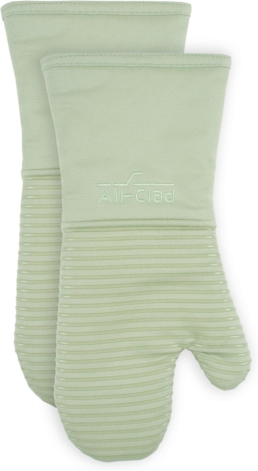 All-Clad Silicone Oven Mitts: Heat Resistant up to 500 Degrees - 100% Cotton & Silicone, 14"x7" Oven Mitt for Kitchen and Barbeque, 2-Pack, Fennel