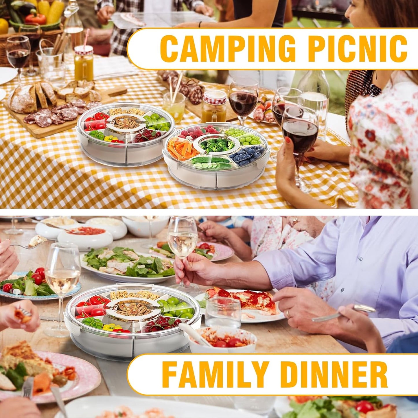 Divided Rotating Serving Tray with Lid & Handle, Portable Snack Spinner for Fruits, Veggies, Charcuterie, Party, Travel, Picnic, and Fridge Storage 2PCS