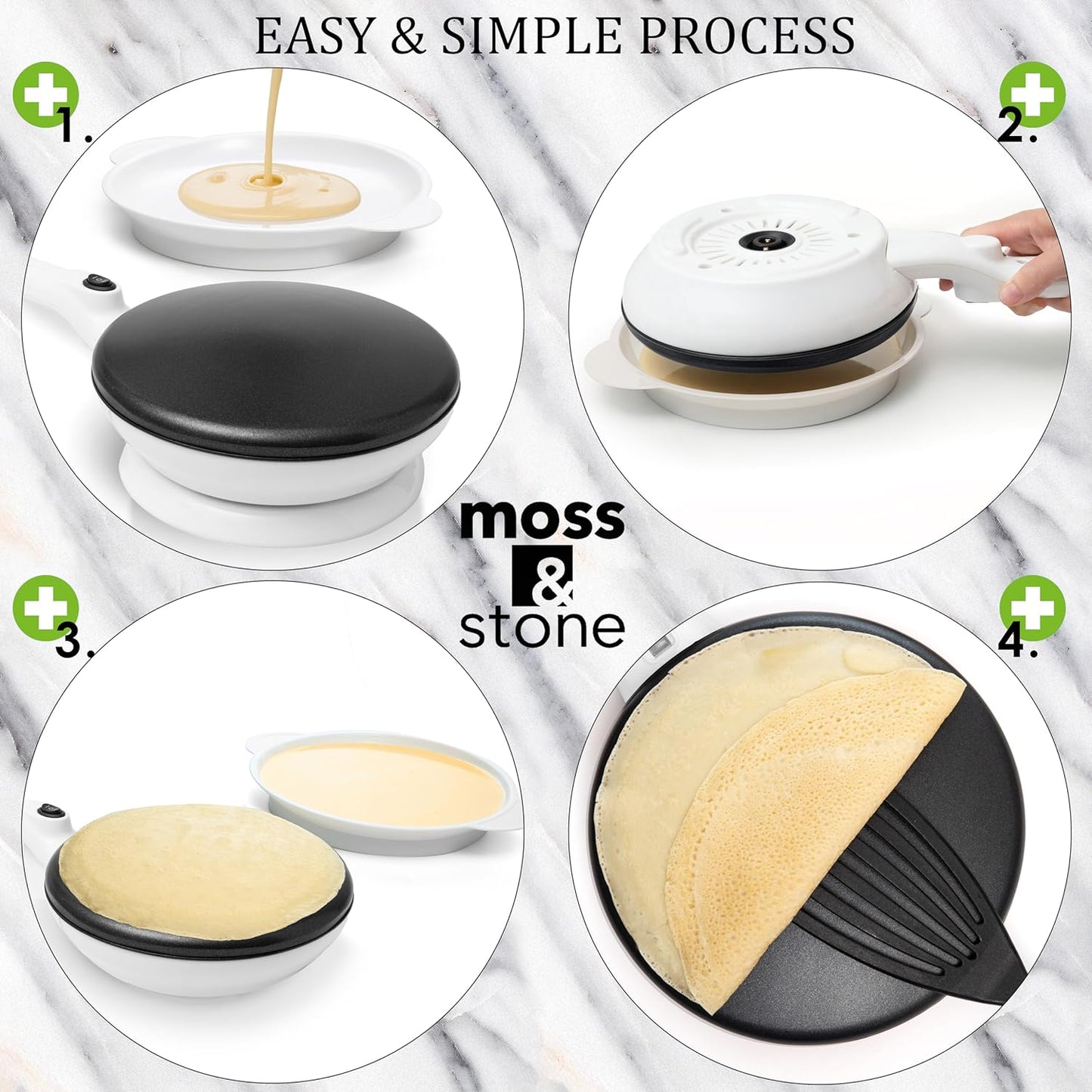 Moss & Stone Cordless Electric Crepe Maker With Auto Power Off, On/Off Switch & Dual Temperature Setting, 8 Inch Portable Crepe Maker & Non-Stick Dipping Plate, Nonstick Ceramic Coating Pan
