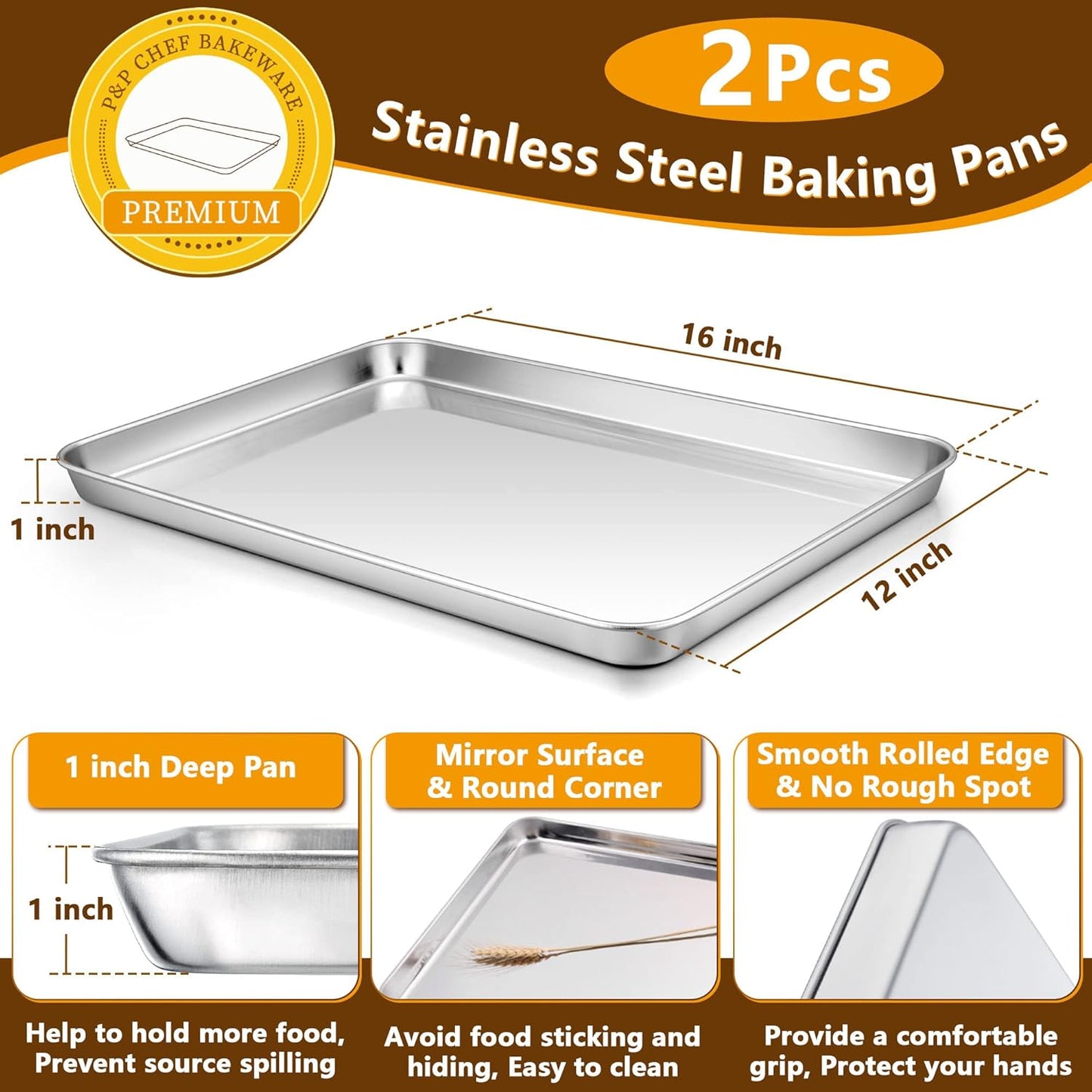 P&P CHEF 16 Inch Stainless Steel Baking Sheet with Rack Set (2 Pans+ 2 Racks), Cookie Sheets Baking Trays and Cooling Wire Racks, Oven & Dishwasher Safe, Pans with Flat Racks