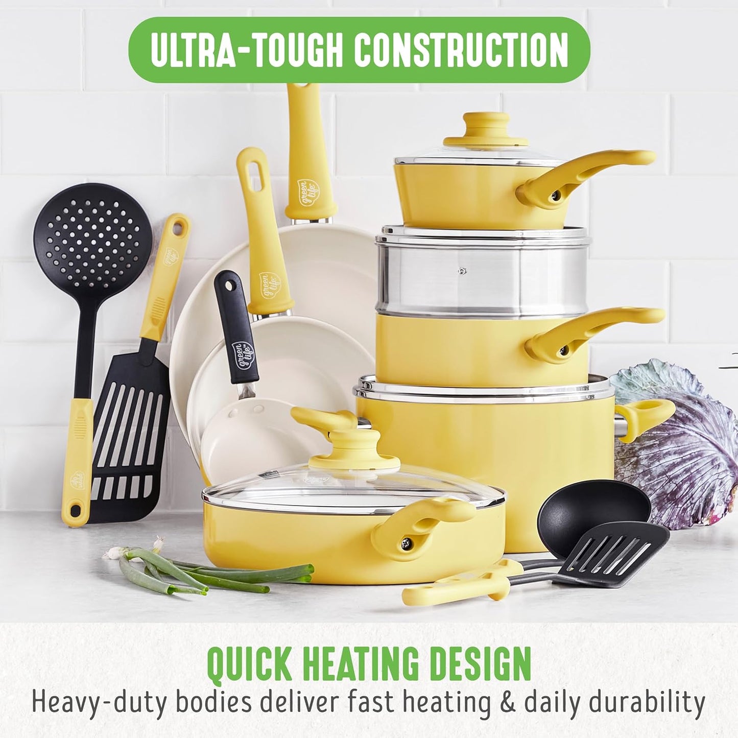 GreenLife 16 Piece Nonstick Cookware Set, Soft Grip Non-Toxic PFAS-Free Ceramic Pots & Pans, Dishwasher & Oven Safe, Frying, Sauce, Saute, Utensils, Glass Lids, Stay-Cool Handles, Wobble Free, Yellow