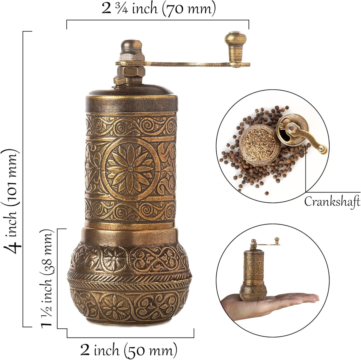Decorative Black Pepper Grinder, Refillable Turkish Spice Mill with Adjustable Coarseness, Manual Pepper Mill with Handle, Spice Grinder Metal with Hand Crank, Antique Gold