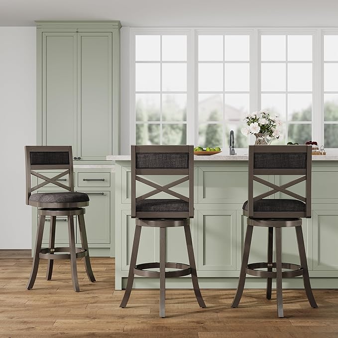 DTY Indoor Living Meeker X Back Fabric Swivel Stool, 30” Bar Height, Weathered Grey Finish, Charcoal Fabric Seat