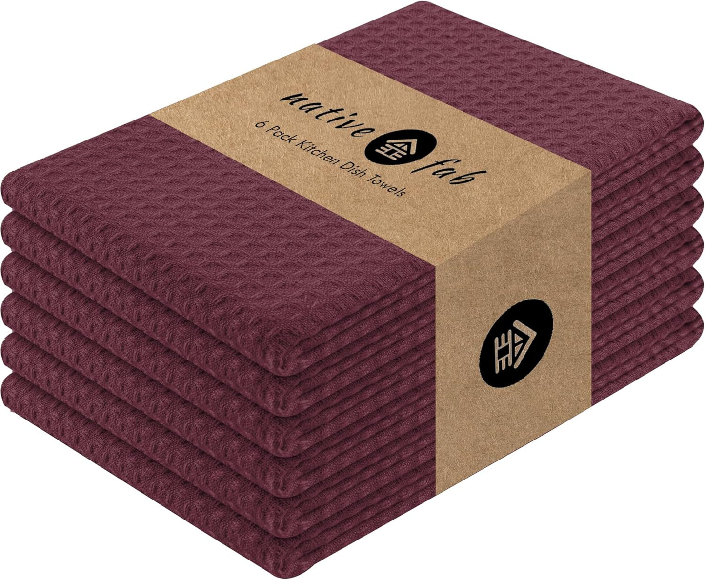 Native Fab Cotton Kitchen Towel with Hanging Loop 16x26 inches, 6-Pack, Waffle Weave Kitchen Towels for Cleaning Drying, Washcloths Soft & Absorbent Cloth Rags, Bar Towel, Dish Cloth, Burgundy Wine