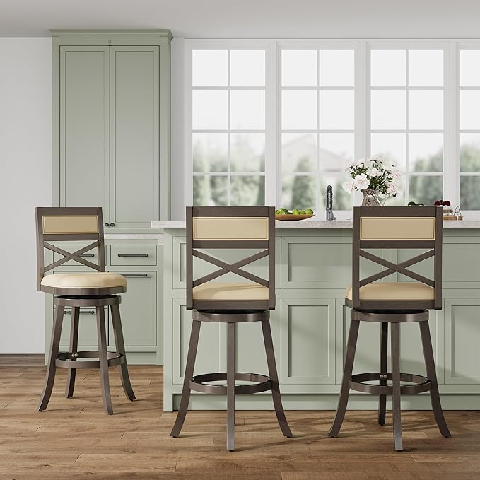 DTY Indoor Living Meeker X Back Fabric Swivel Stool, 30” Bar Height, Weathered Grey Finish, French Gray Leather Seat