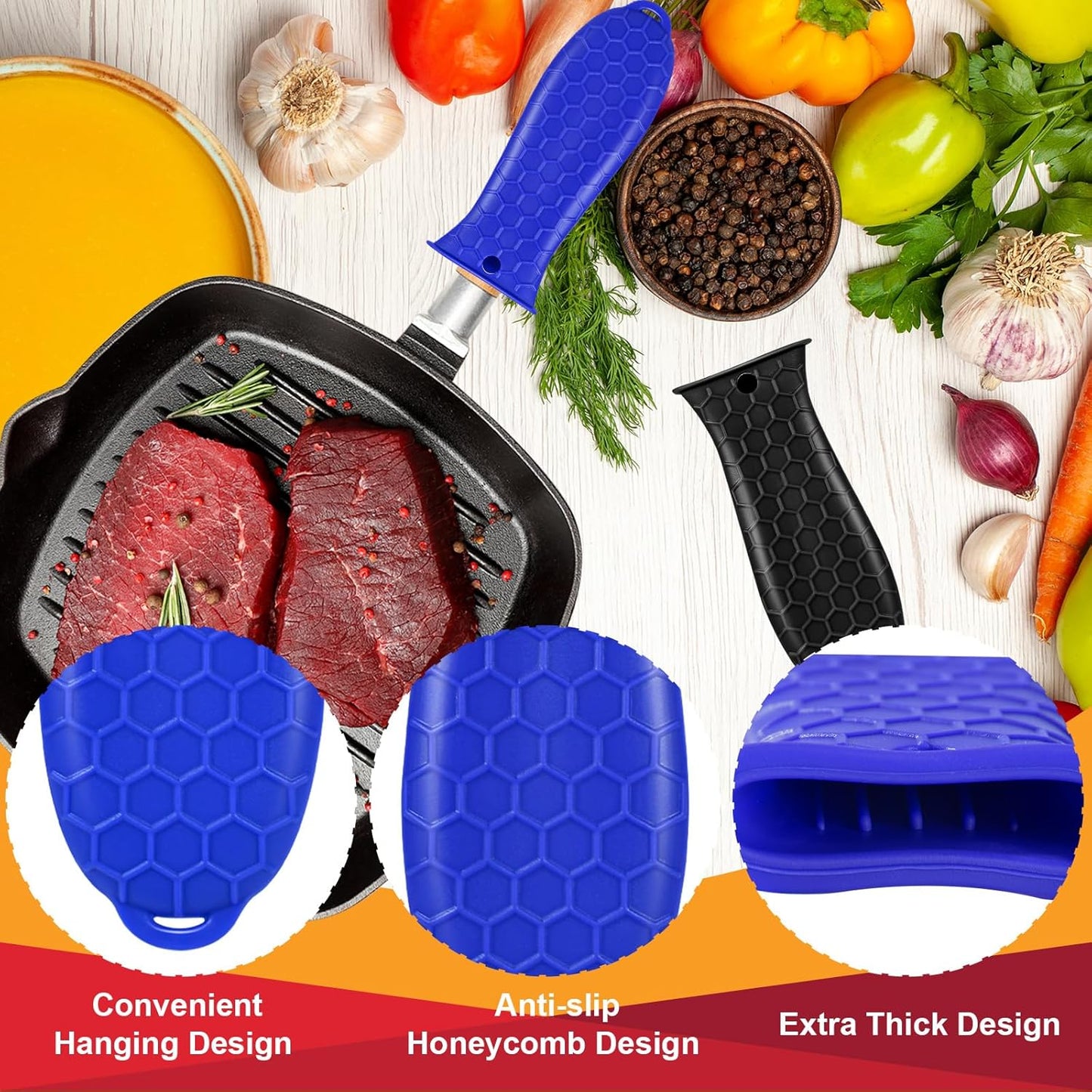 2 Pcs Cast Iron Handle Cover, Silicone Hot Handle Holder, Heat Resistant Cast Iron Skillet Handle Covers Potholder for Frying Pans and Griddles Kitchen Supplies