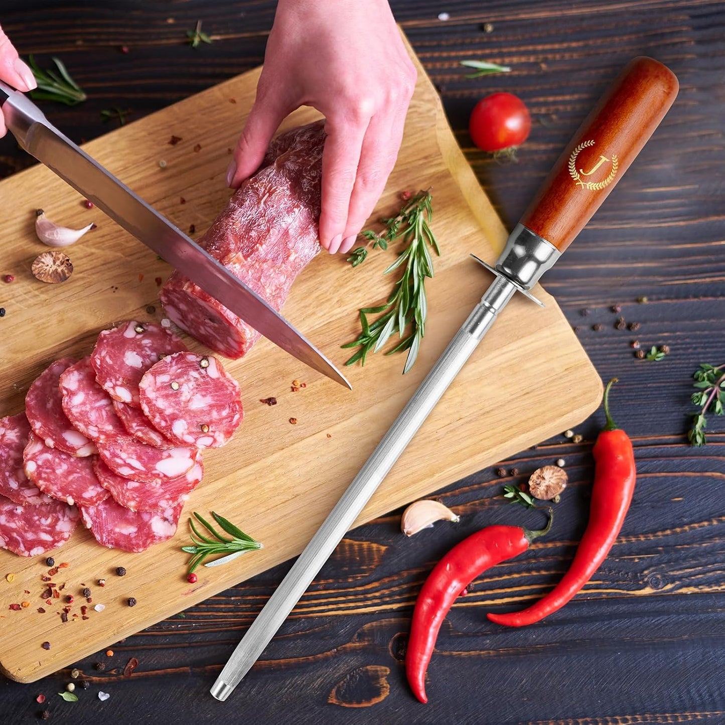 Knife Sharpener Rod, Kitchen Knives Sharpener Carbon Steel Professional Knife Sharpening Steel, Honing Rod with Hanging Holes (13 inches), J