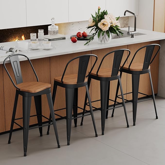 Aklaus Swivel Metal Bar Stools 24 inch Swivel Counter Height Barstools Set of 2 Modern Farmhouse Bar Chairs with High Backs and Large Wooden Seat for Kitchen Island Dining Room Matte Black