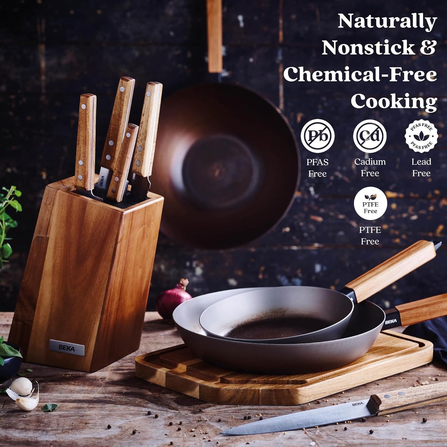 Alva Forest 4-Piece Blue Carbon Steel Pan & Wok Set – Pre-Seasoned, Natural Nonstick, PFAS/PFOA/PTFE-Free – Healthy, Non-Toxic Cookware for All Stovetops & BBQ