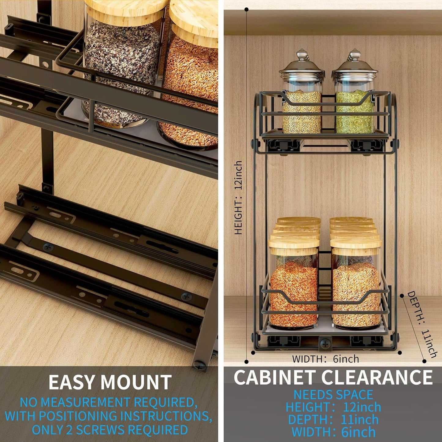 Spice Rack Organizer for Cabinet, 2 Tier Pull Out Spice Organizer for Cabinet Height Adjustable Heavy Duty Metal Basket for Inside Cabinets & Pantry Closet
