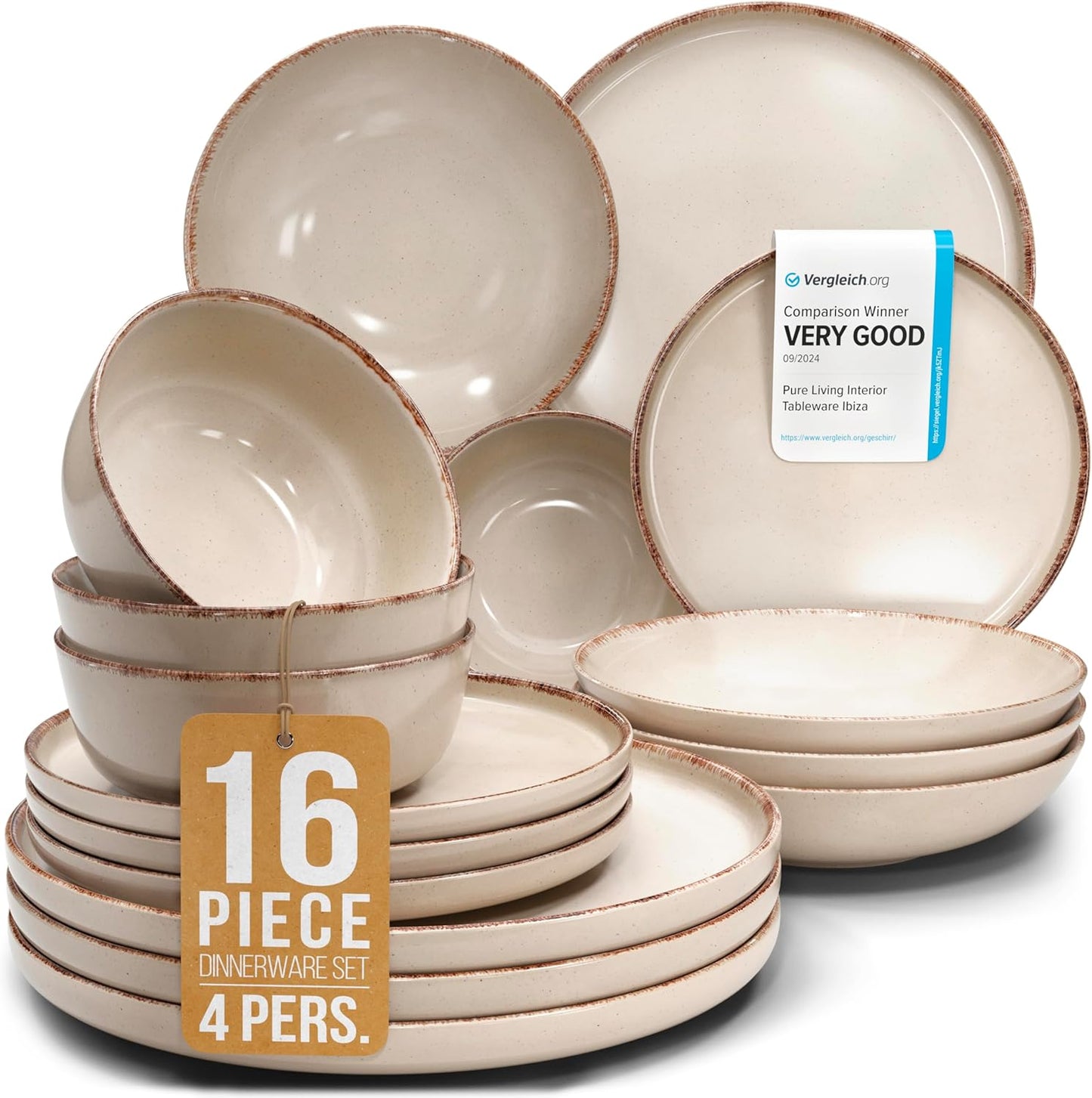 Earthenware dinnerware set 4 persons Rustic 16 pcs - Rustic design dinnerware set, dishwasher safe - Bowl and plate set - Pure Living dinnerware in beige…