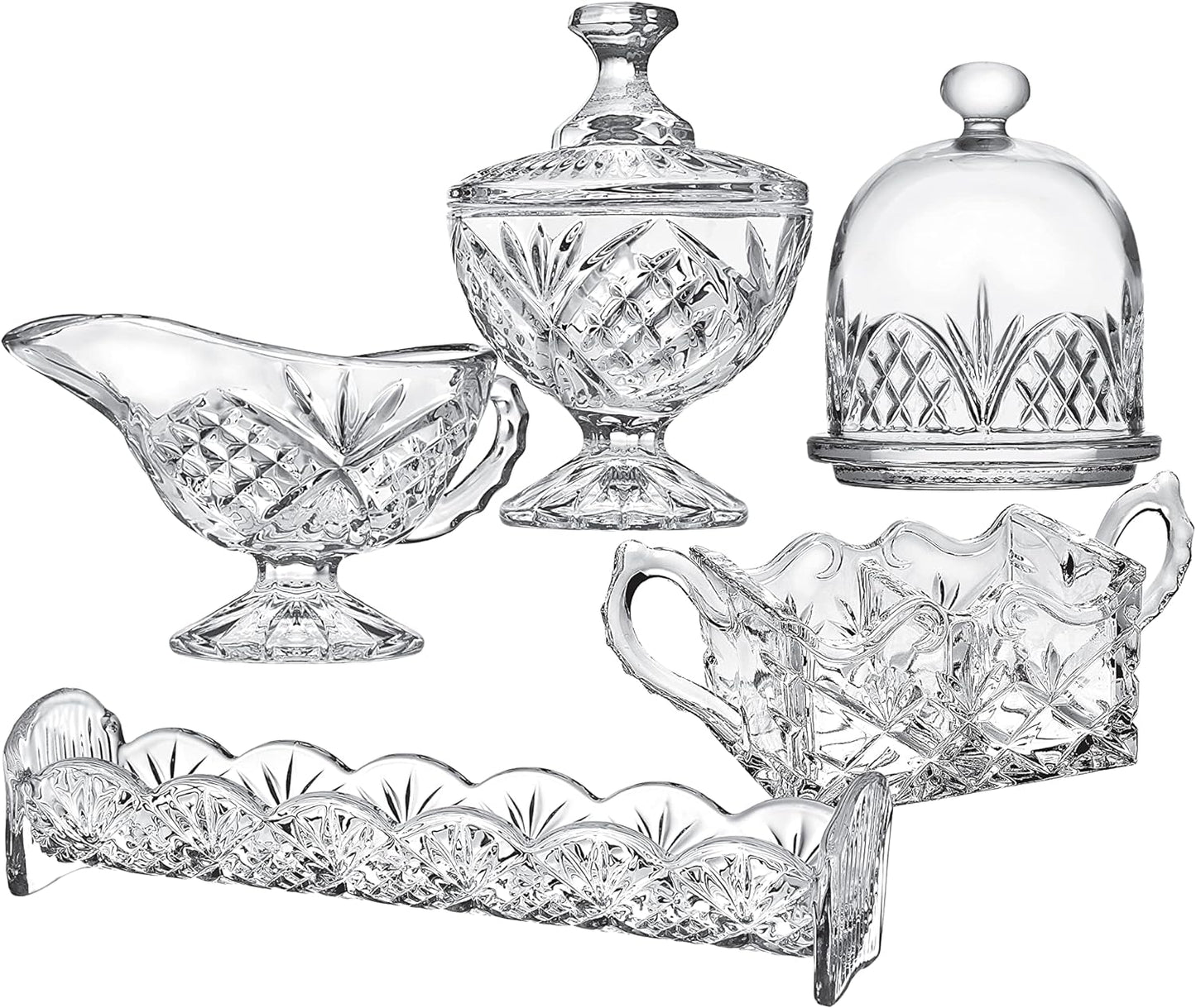Godinger Serving Hostess Set - Butter Dish, Sugar and Creamer, Packet Holder, Cracker Tray - 5 Piece Set, Dublin Collection