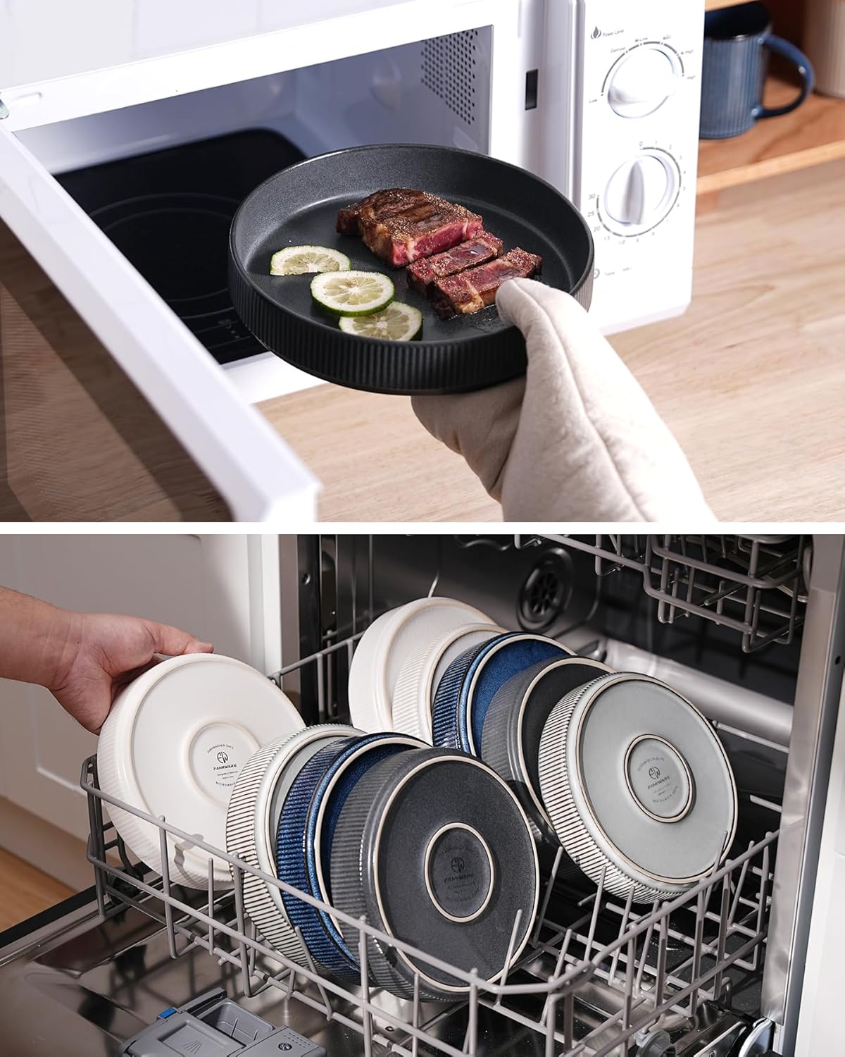 famiware Star 8.25" Pasta Bowls, Large Dinner Bowls Set of 4, Salad Bowl Plates, Shallow Bowls for Eating, Dark Charcoal & White Full Glaze Matte