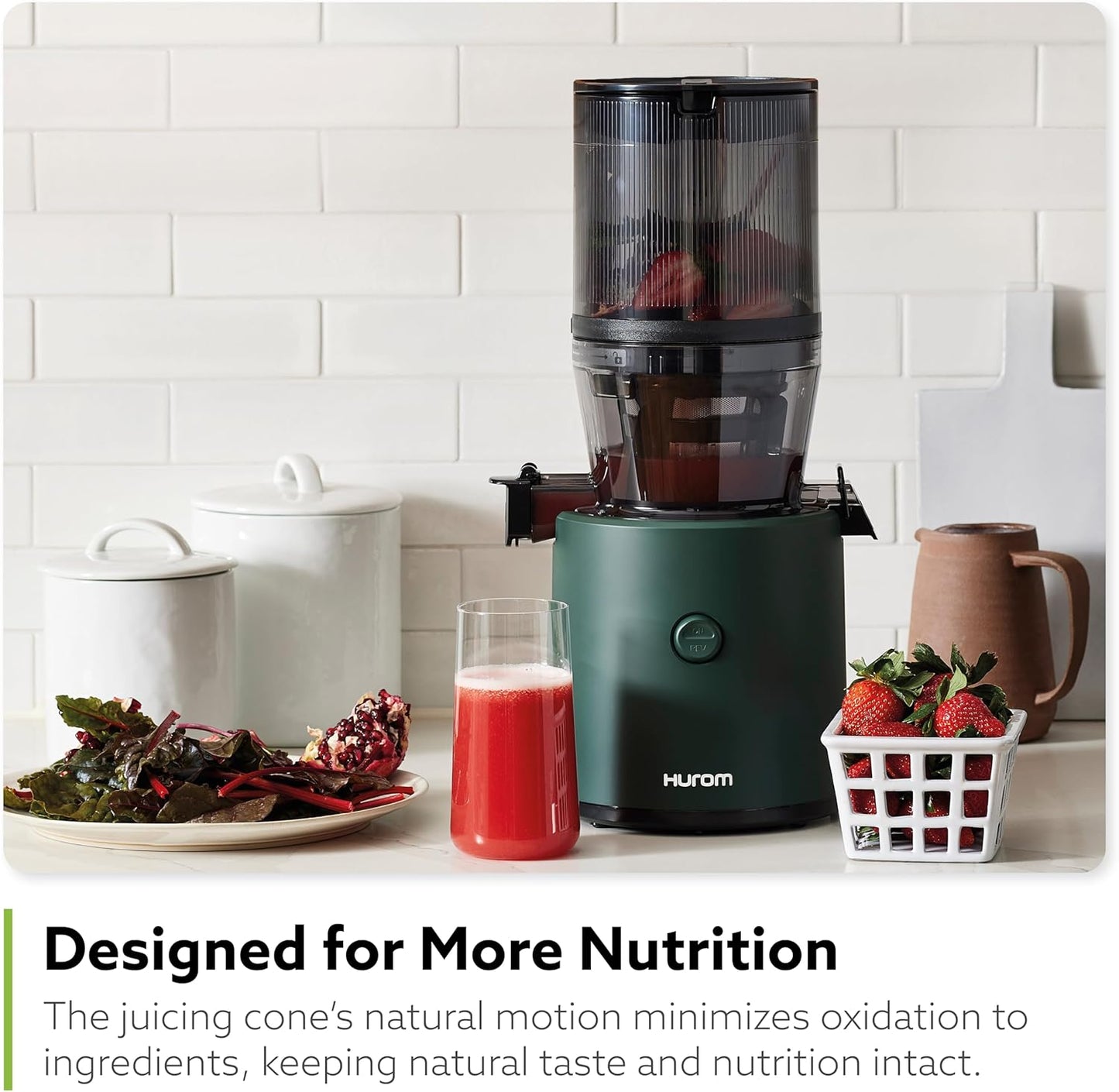Hurom H320 Cold Press Juicer Machine, Easy to Clean Masticating Slow Juicer, Coarse Strainers, Self-Feeding, Hands Free, Family Size, Quiet Motor, Easy Assembly (Kale/Dark Green)
