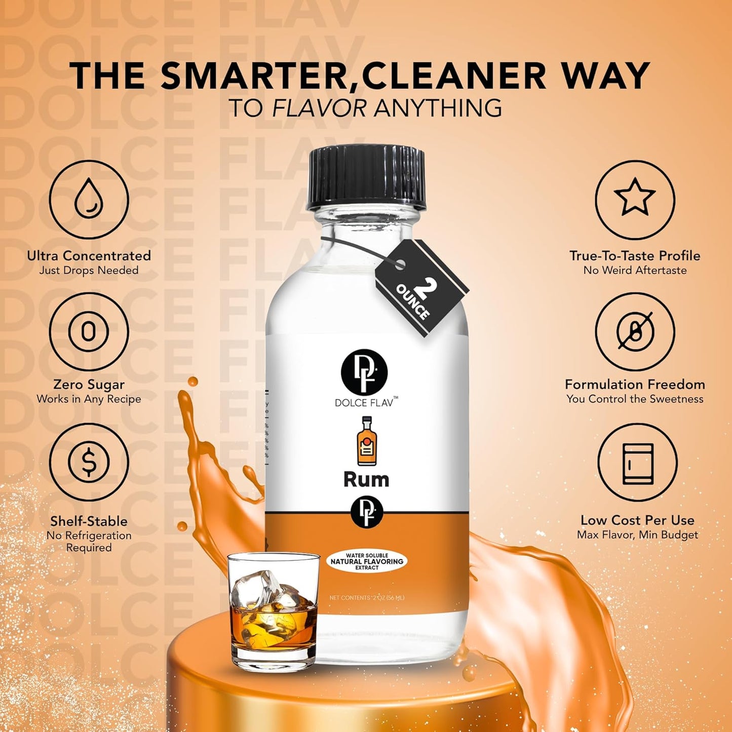 Dolce Flav Natural Rum Extract – 2 Ounce Water-Soluble Kosher, Sugar-Free, Concentrated Dark Rum Flavoring for Baking, Cocktails & Desserts, Includes Measured Dropper