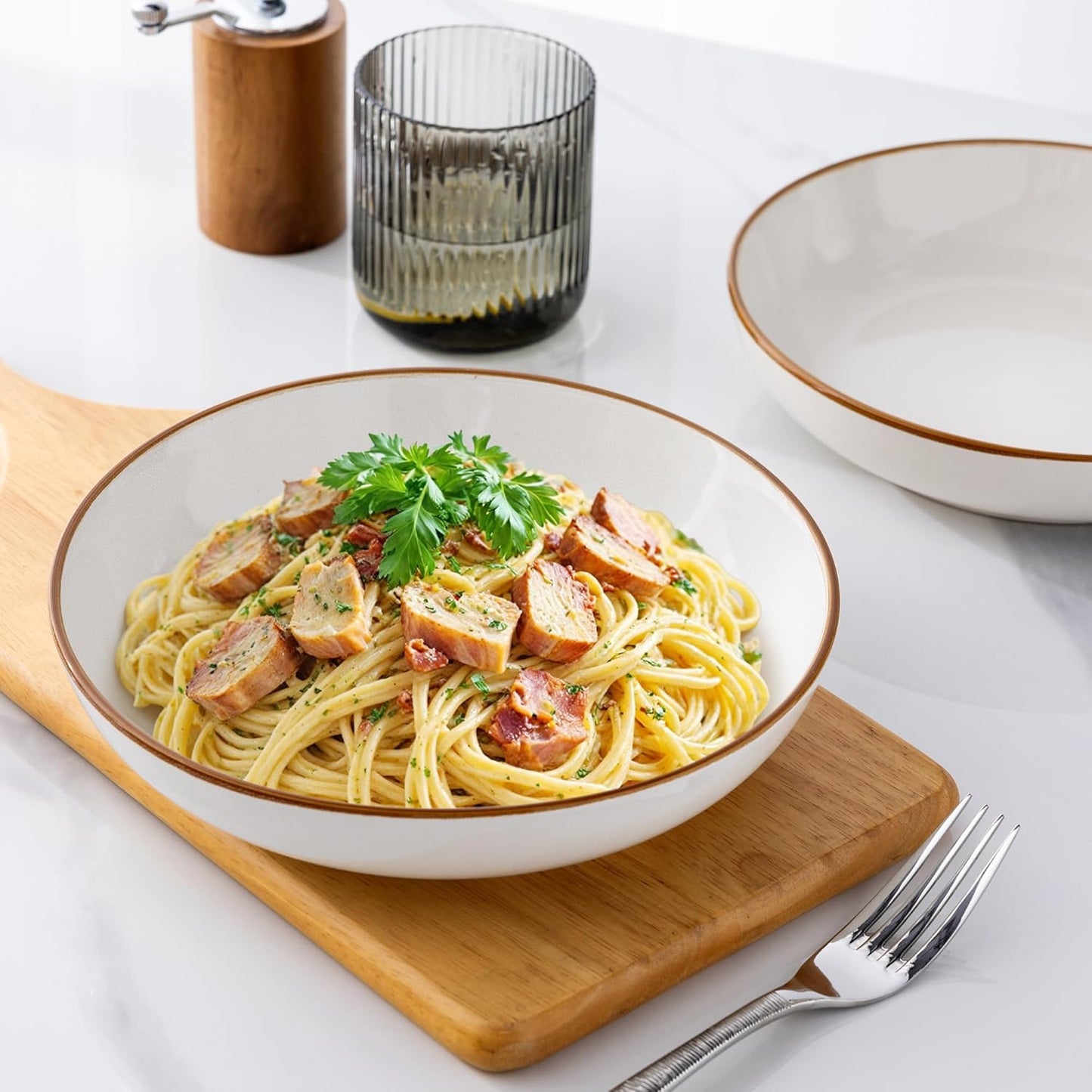 AmorArc 8.5'' Large Pasta Bowls, 36oz Ceramic Salad Serving Bowls Set of 6 for Kitchen, Wide Stoneware Bowls for Pasta,Salad,Fruit,Bread, Microwave Safe, Reactive-Pearl White