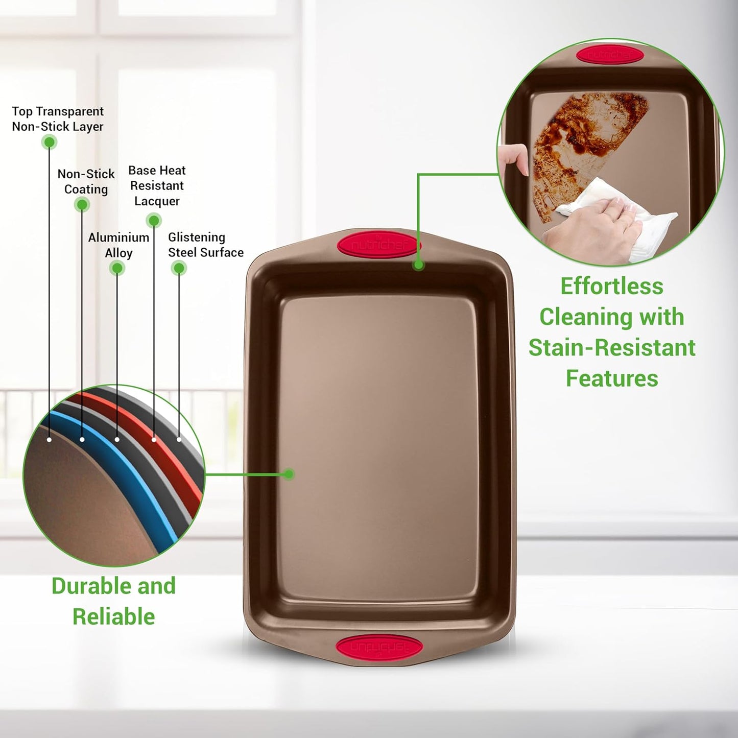 NutriChef 6-Piece Baking Pan Set - PFOA, PFOS, PTFE Free Flexible Nonstick Golden Coating Carbon Steel Bakeware - Professional Home Kitchen Bake Cookie Sheet Stackable Tray w/Red Silicone Handles