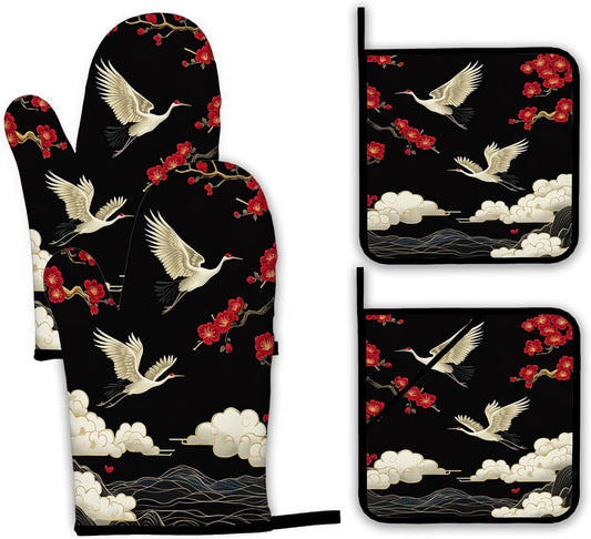 Japanese Crane Oven Mitts and Pot Holders Set,Cherry Blossom Kitchen Decor Heat Resistant Non Slip Hot Pads and Oven Mitt for Chef Cooking Baking BBQ Mom Girl Gifts(4 Piece Set)