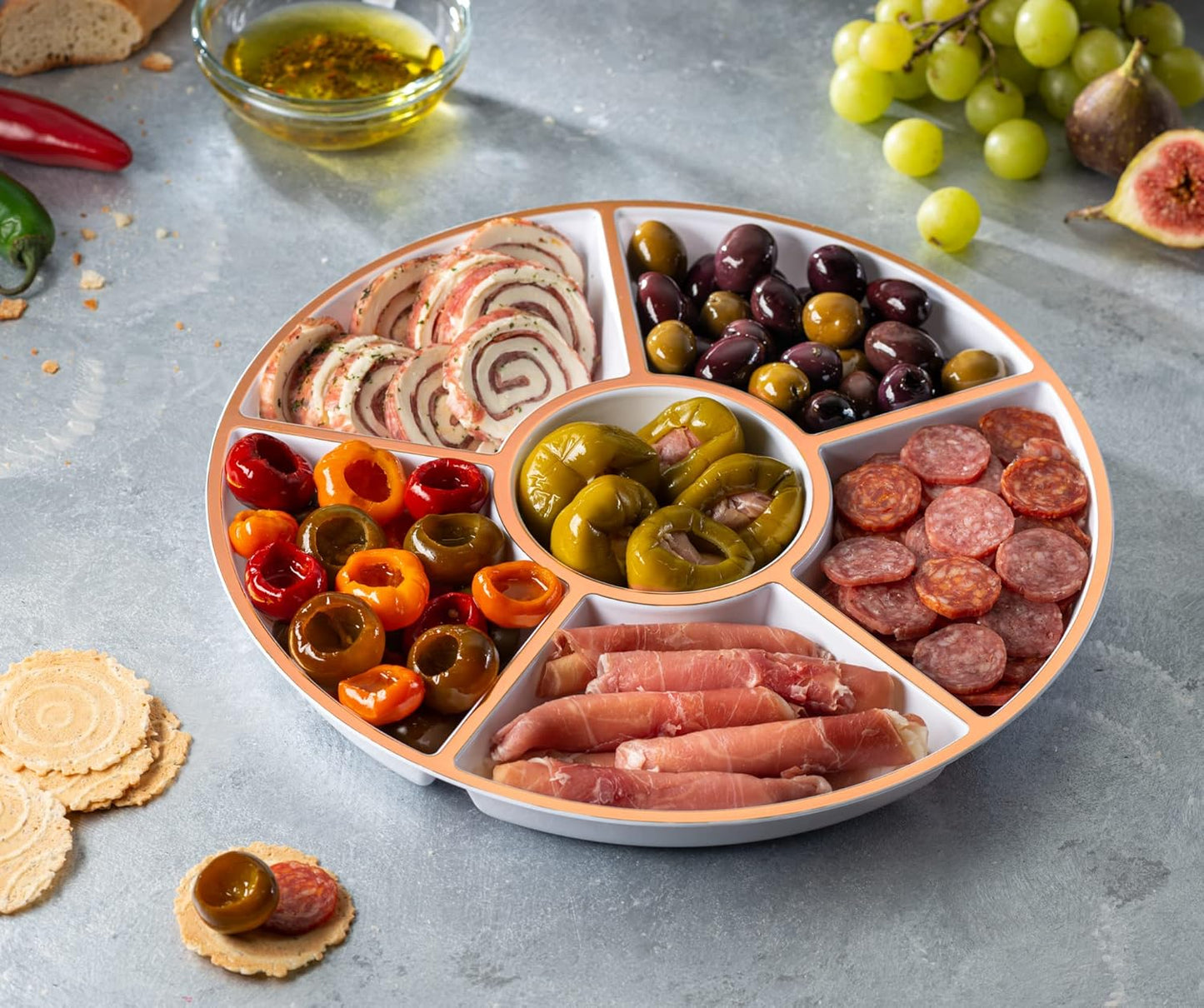 Plasticpro 6 Sectional Round Plastic Serving Tray/Platter (4, White & Rose Gold)