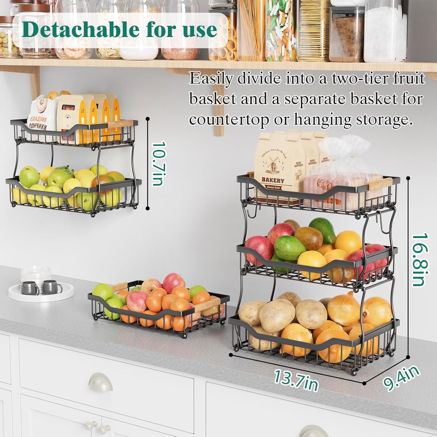 Giwil 3 Tier Countertop Fruit Basket for Kitchen, Vegetable Storage Bread Fruit Bowl Stand with 2 Banana Hooks, Wall Mounted Metal Wire Basket Organizer for Potato Onion, Black