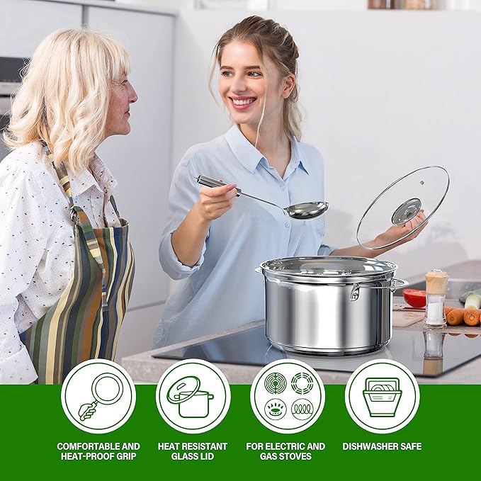 18-Piece Stainless Steel Kitchen Cookware Set, Including Saucepan, Casseroles with Tempered Glass Lid, Frypan, Steamer, Salad Bowl with Cover, Fryer Basket, Heat Resistant Mat & Utensils Set, Silver