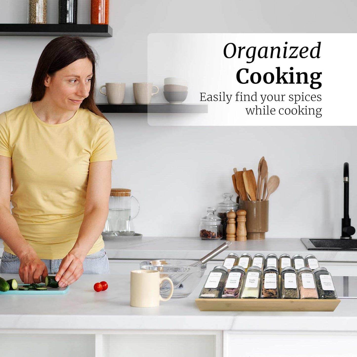 Spice Drawer Organizer with Jars and Labels, Bamboo Spice Rack For Drawer, Spice Organization For Cabinet Drawer, Spice Organizer For Drawer, Bamboo Drawer Organizer, Spice Organization For Drawer