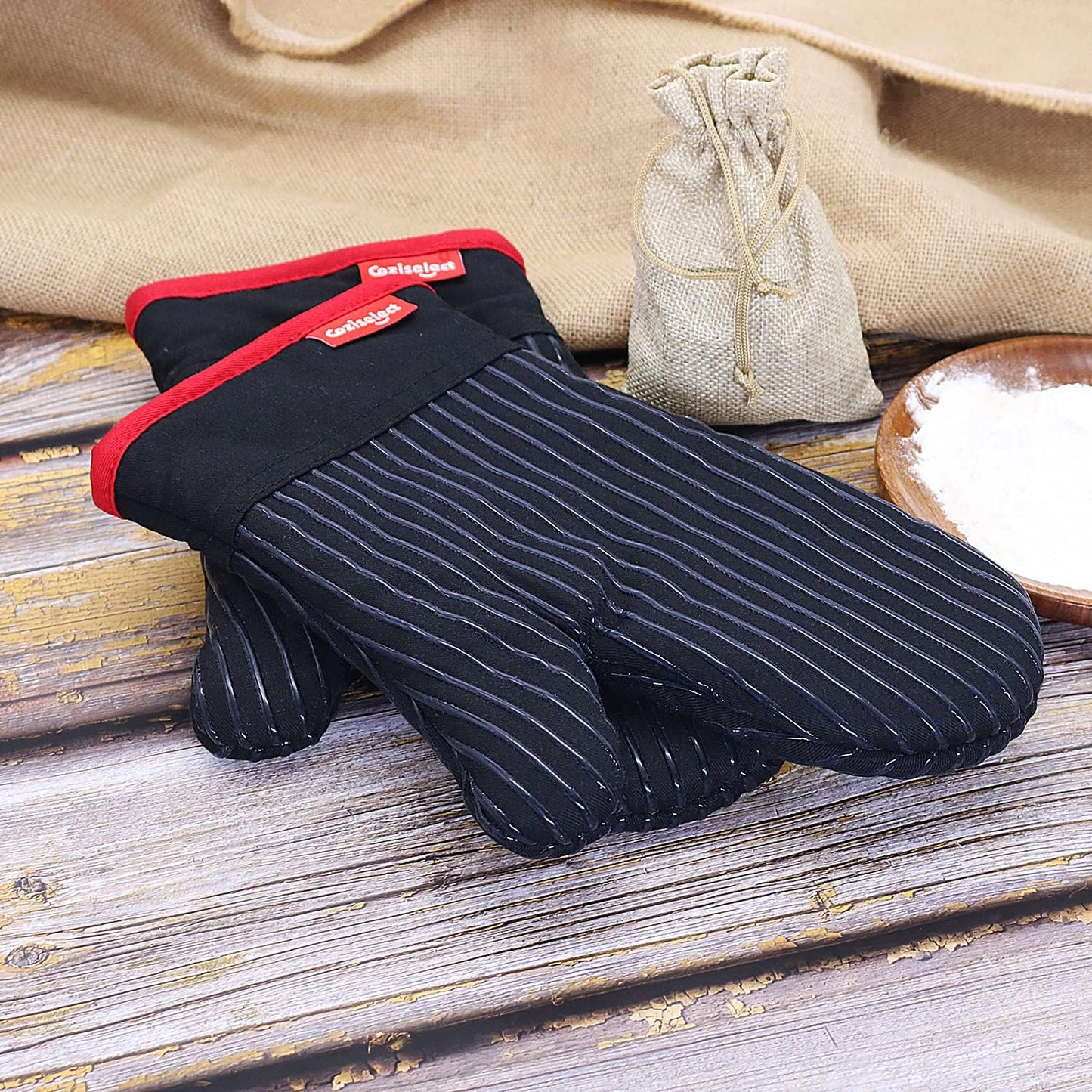 Oven Mitts Set, Oven Mitt Heat Resistant, Cotton Oven Mitts 500 Degrees, Oven Gloves for Kitchen Cooking Grill, Kitchen Mitts for Oven, Black Oven Mits Heavy Duty Thick