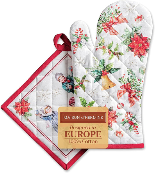 Maison d' Hermine 100% Cotton Oven Mitt & Pot Holder Set (7.5"x13" & 8"x8") Heat Resistant BBQ Cooking Gloves with Loop, Baking, Grilling, Kitchen, Handling Hot Pans (Chromo)